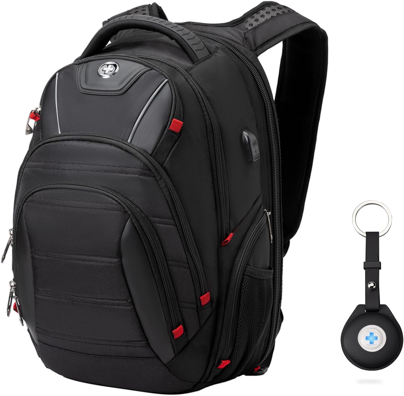 Swissdigital Design TSA Business Laptop Backpack for Men, Large Capacity Travel Backpack with Apple Find My Network and USB Charging Port Tech Backpacks Fits 17 Inch Computer Black| SD1643FB-01