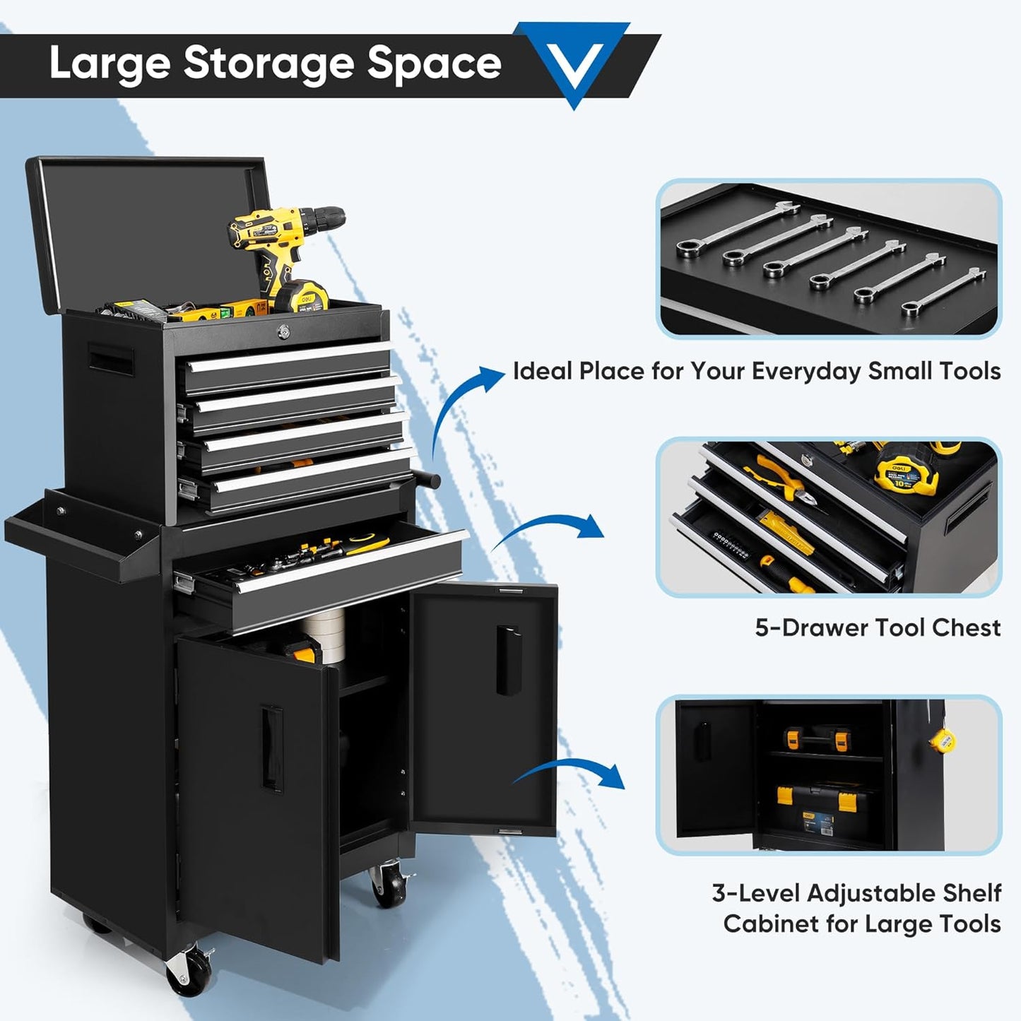 Steelite Tool Chest with Wheels, Large 5-Drawer Tool Box Organizer, Lockable Wheels & Sliding Drawers & Detachable Top & Adjustable Shelf, Metal Rolling Tool Cart for Garage Workshop
