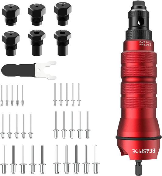 Beaspire Cordless Rivet Gun Adapter - Electric Rivet Drill Adapter Kit 2.4mm-6.4mm, Rivet Gun Kit with 6 Interchangeable Rivet Heads and 30 Blind Rivets, Easy processing for Pop Rivets