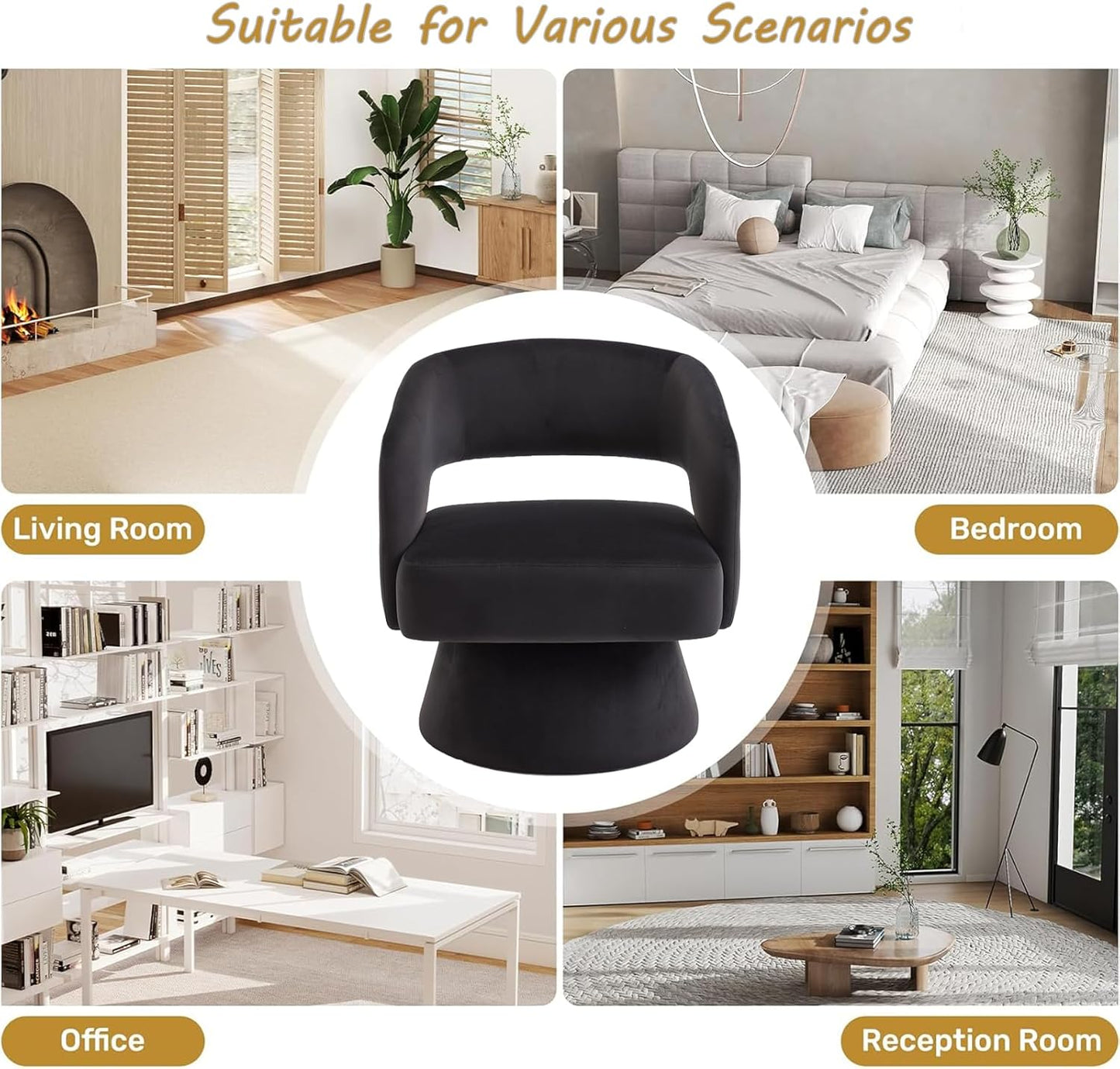 Swivel Accent Chair Set of 2, 360 Degree Rotating Barrel Accent Chair Velvet Upholstered Living Room Chair with Ergonomic Open Backrest Mid Century Modern Single Sofa for Bedroom (Black)