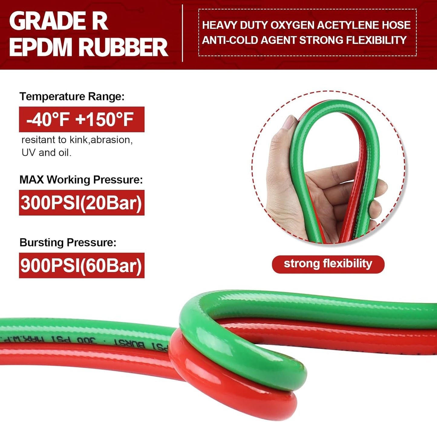 Boltigen 50 Feet Oxygen Acetylene Hose, 1/4inch Grade R Oxy Acetylene Torch Hose with Brass 9/16''-18 LH/RH B Fittings, Stainless Steel Spring Ends Twin Welding Cutting Torch Hose Reel