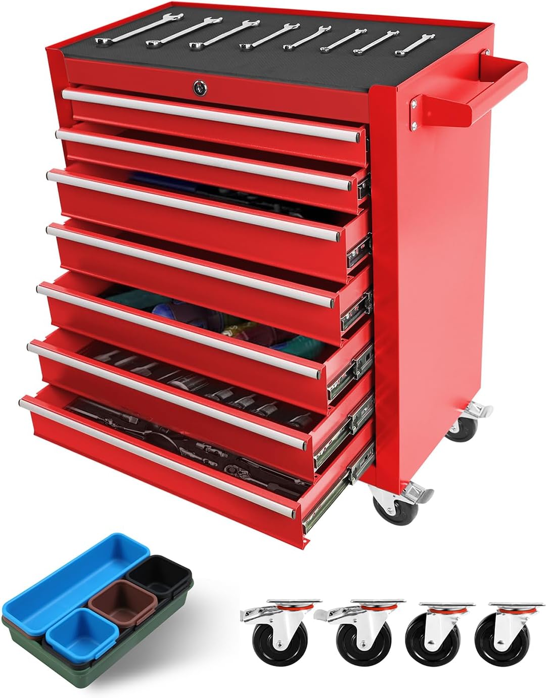 2 in 1 Tool Chest with 8 Drawers, Tool Cart with 7 Organizer Tray Divider Set & Wheels, Large Rolling Tool Box Organizer for Garage, Workshop, Home Crafts