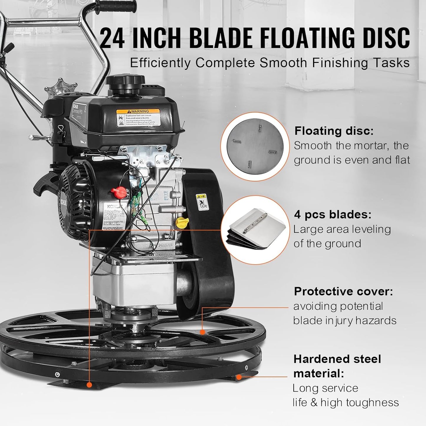 VEVOR Power Trowel, 24” Walk-Behind Cement Trowel with Float Pan, 6HP Gas-Powered Smooth Concrete Surface Finisher, Heavy Duty Commercial Screed Concrete Cement with Finishing Blade