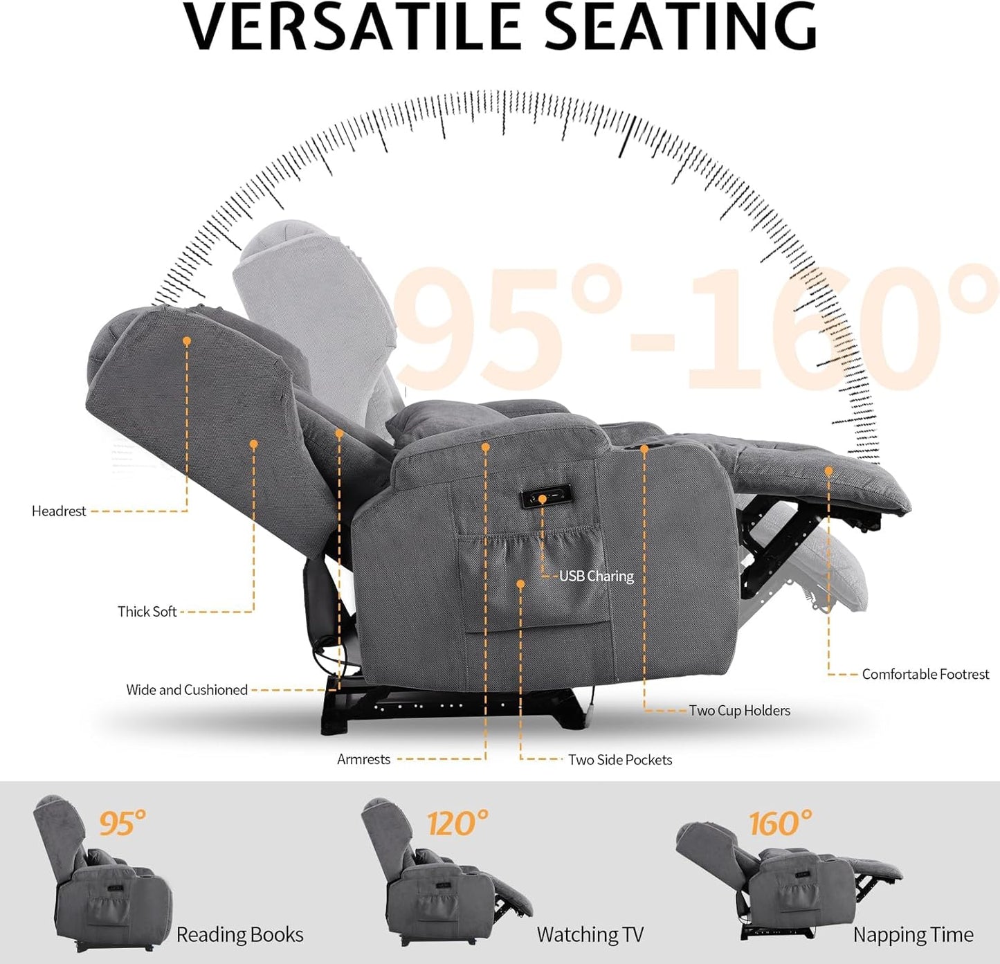 BINGTOO Electric Power Recliner Chair with Massage & Heat - Ergonomic Wingback Lounge Sofa Chair for Living Room, Home Theater Seating & RV with LED Light/Cup Holders/USB Ports, Grey