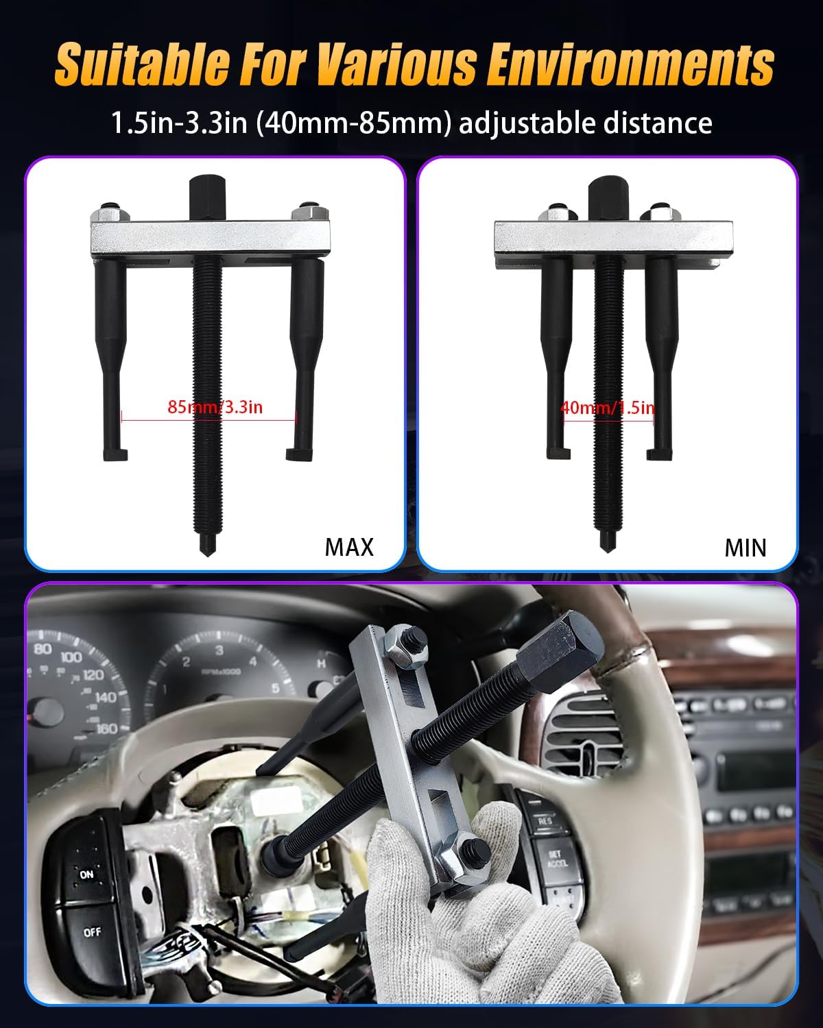Steering Wheel Puller Set, Car Steering Wheel Removal Tool Kit for Different Vehicles, 1.5 to 3.3 Inch Adjustable Distance