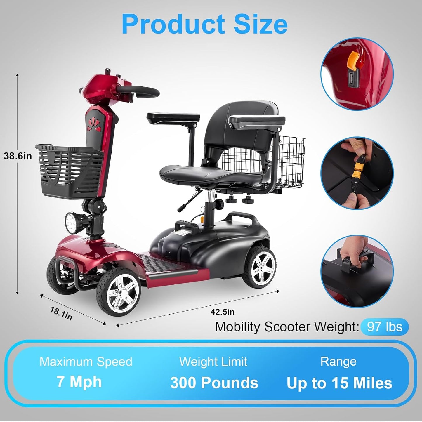 15/30/50Miles Eldryvon EV02 4 Wheels Electric Mobility Scooter for Seniors, Dual Basket, 350W Powered Wheelchair with Rotating Seat, Foldable Motorized Scooter for Adult with USB Port, 300Lbs Capacity