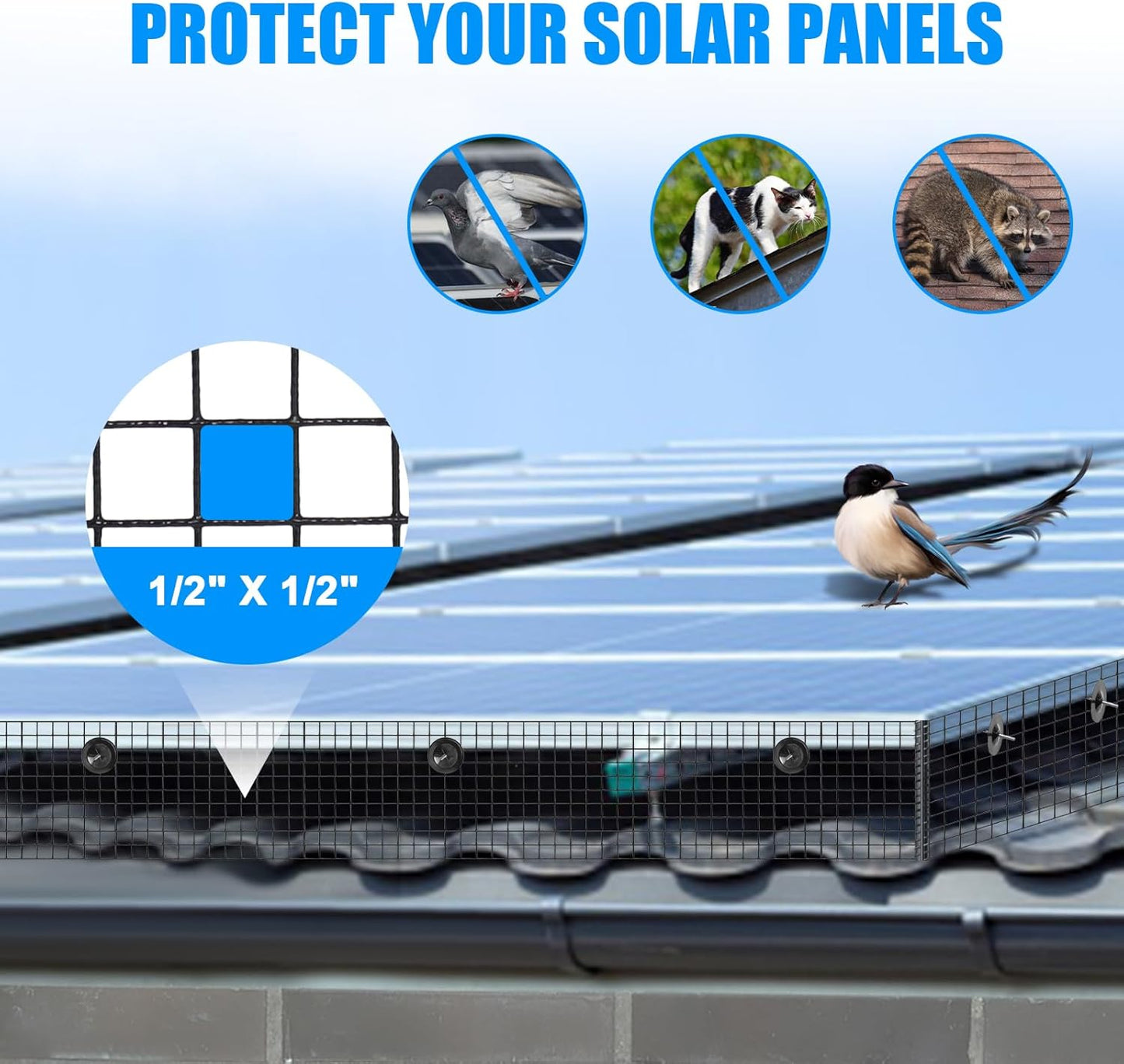 6in X 100ft Solar Panel Bird Guard - 1/2" Black PVC Mesh Galvanized Rust-Resistant Net, Critter Guard for Solar Panels with 70 Fastener Clips, Gloves, Cutting Pliers