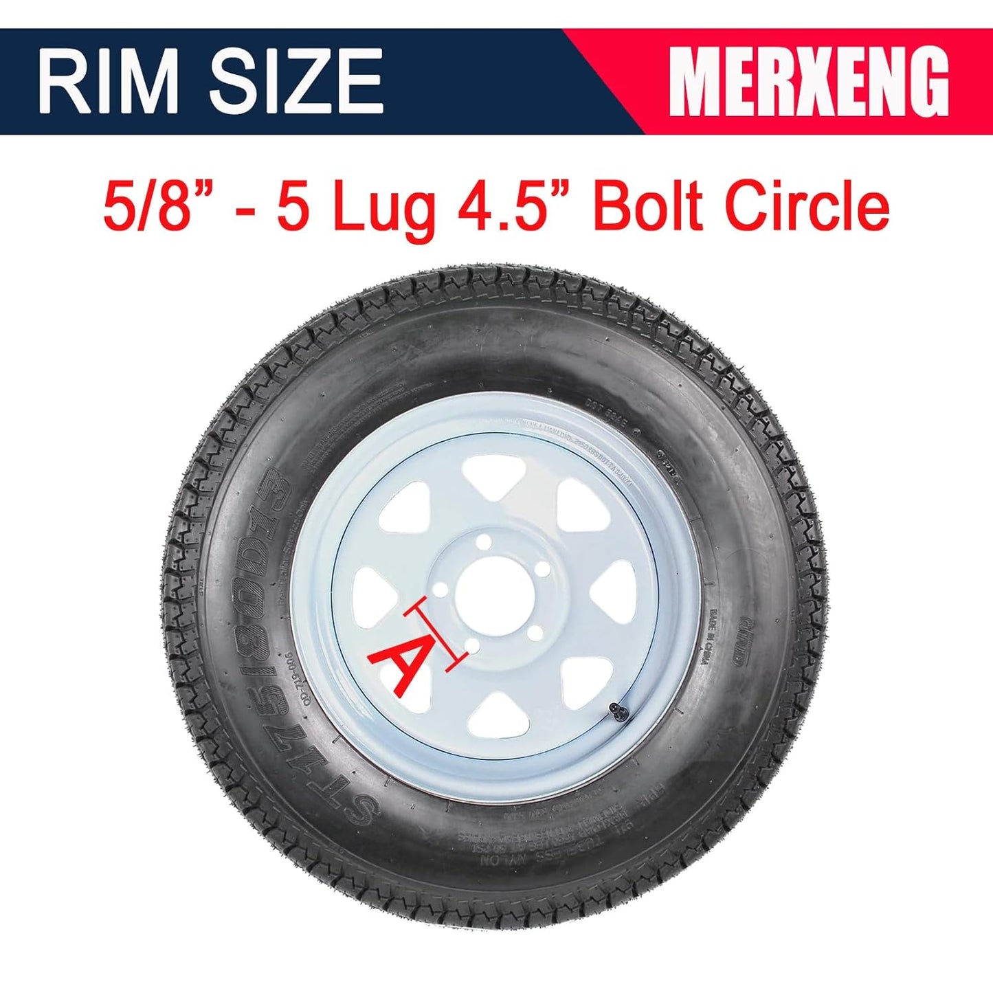 Trailer Tires Rims ST175/80D13 175 80 13 Tire, 5 Lug on 4.5", White Spoke Wheel Load Range C, 6 PLY, Set of 2