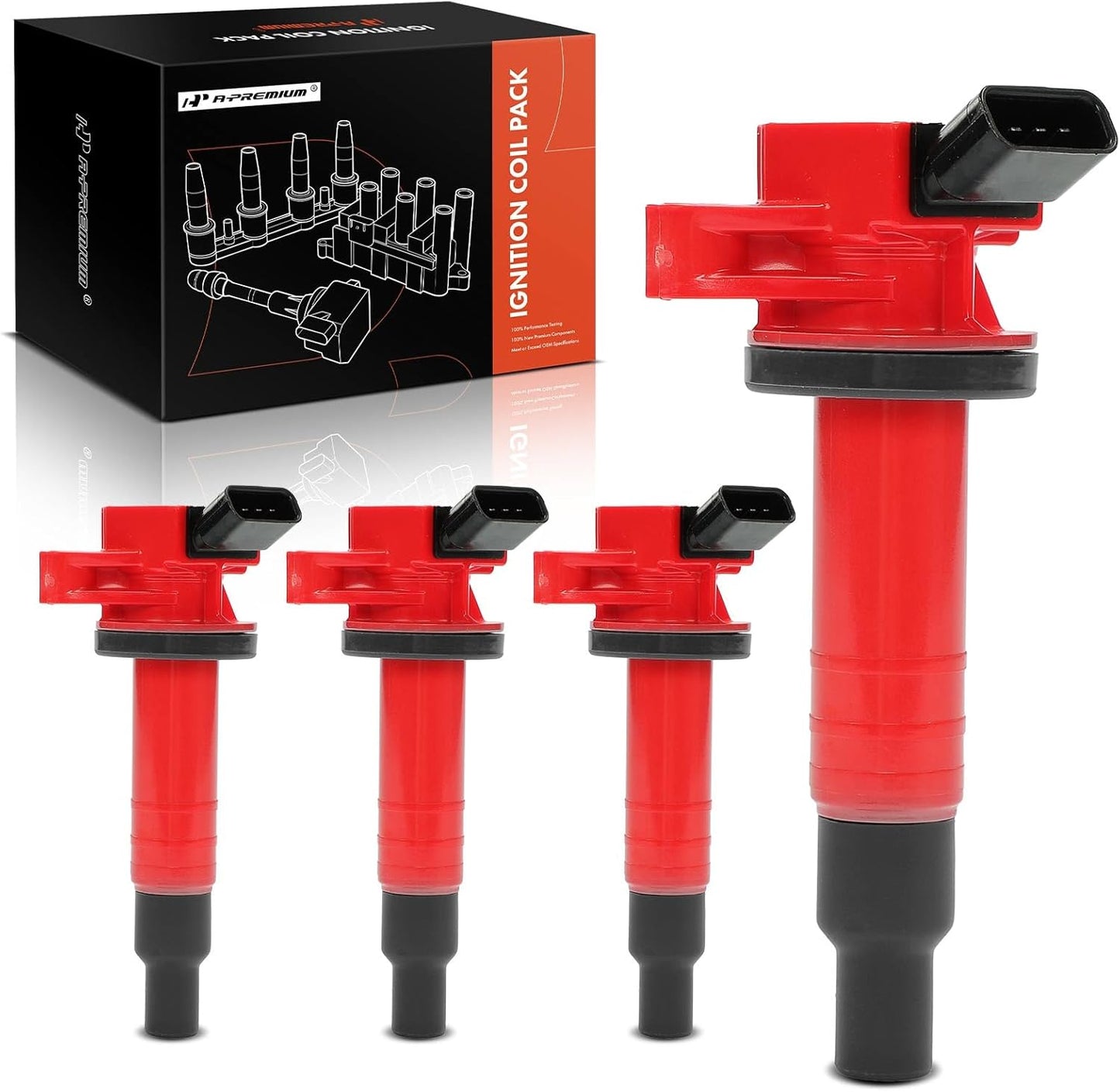 A-Premium (Red) Engine Ignition Coil Pack Compatible with Toyota Corolla 1999-2008, Matrix 2003-2008, Celica 2000-2005, MR2 Spyder 2000-2005 & Chevrolet Prizm 1999-2002 & Pontiac Vibe, 4-PC Set