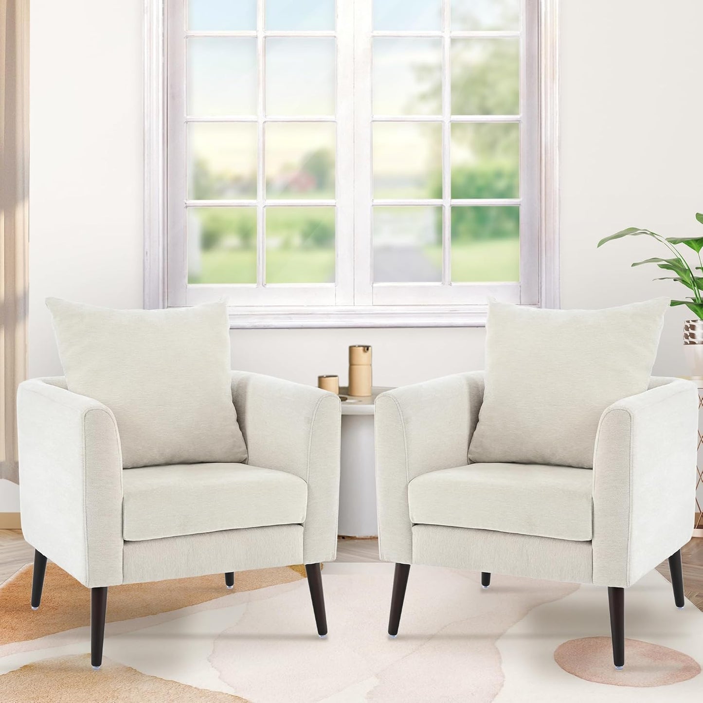 Accent Chair Set of 2, Upholstered Armchair with Pillow, Fabric Single Sofa Chair with Lounge Seat and Wood Legs Accent Chair for Living Room Small Spaces (Grey, Set of 2)