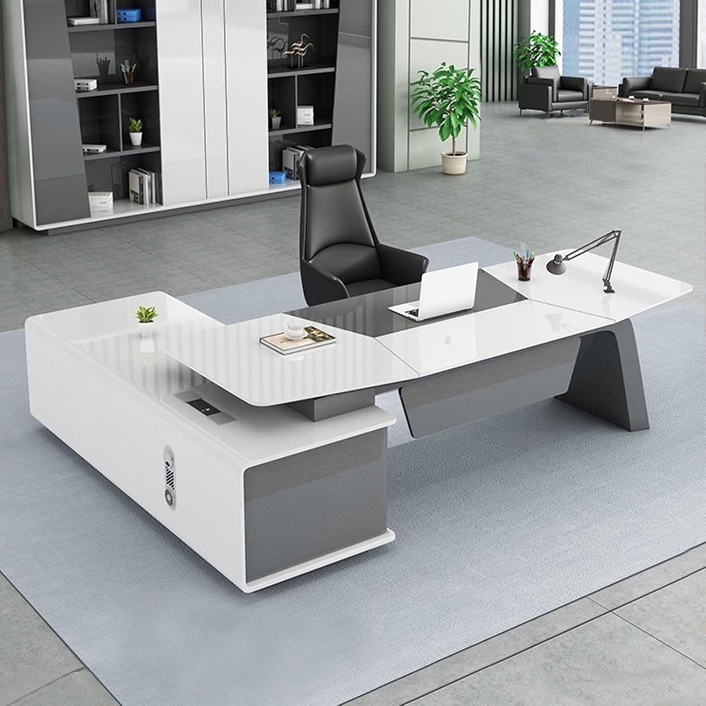 Brown 79" Executive Desk with File Cabinet, L Shaped Wood Computer Desk with File Drawers Study Writing Table Business Furniture Set for Home Office