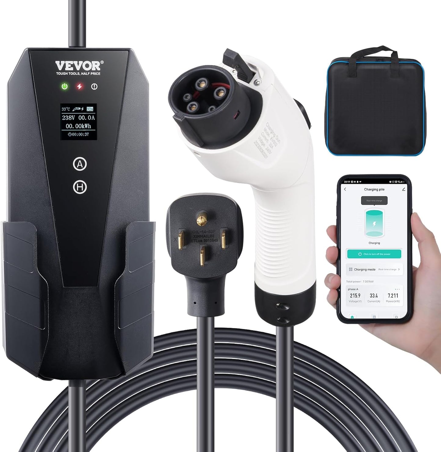 VEVOR Level 1+2 Portable EV Charger, 16 Amp 120V or 240V, Electric Vehicle Charger with 28-Foot Charging Cable NEMA 6-20P Plug NEMA 5-15 Adapter, Plug-in Home EV Charging Station for SAE J1772 EVs