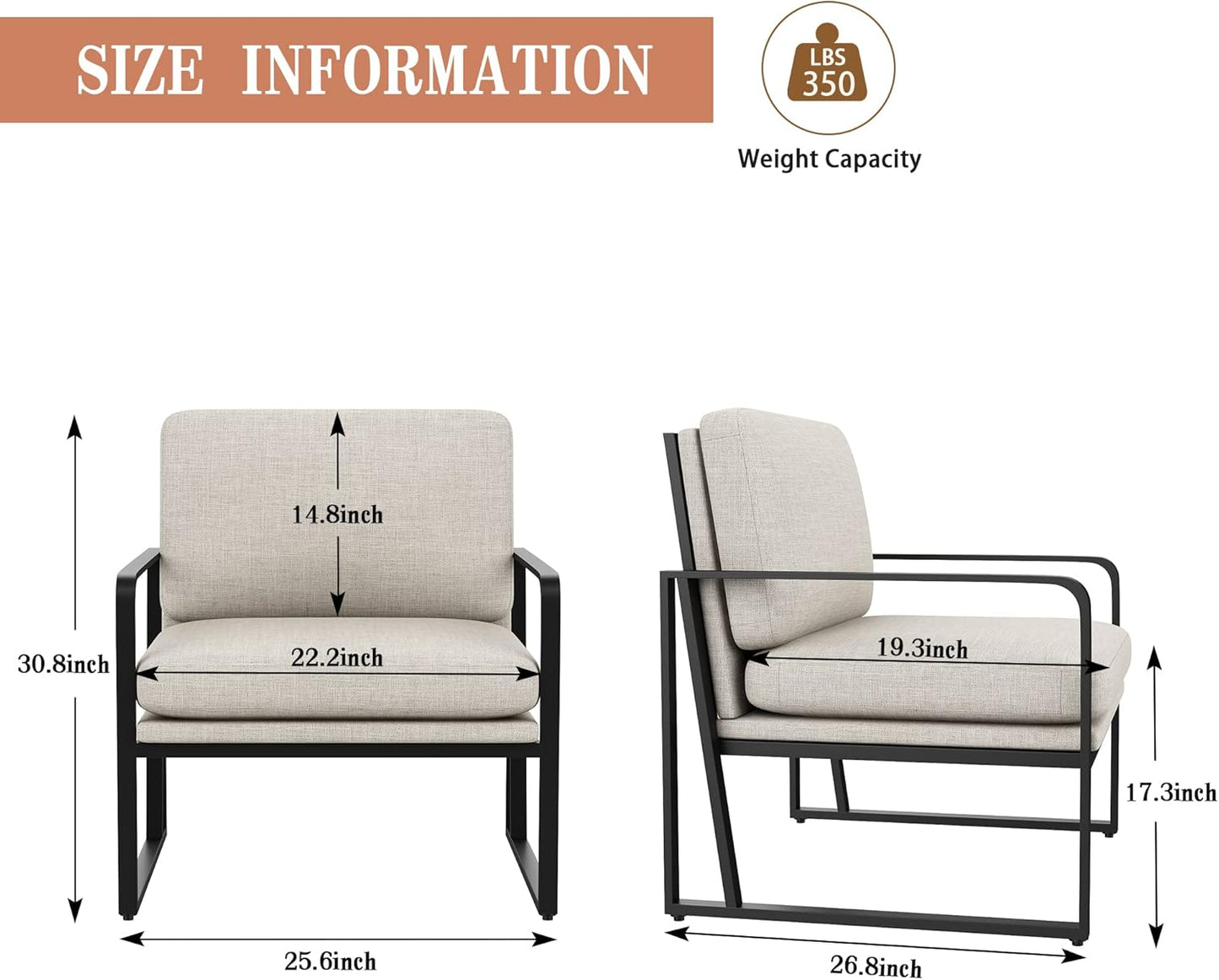 Andeworld Modern Accent Chair Set of 2, Mid Century Living Room Armchair,Upholstered Linen Sofa Side Chair with Metal Legs for Reading,Lounging,Bedroom Apartment, Light Grey 2