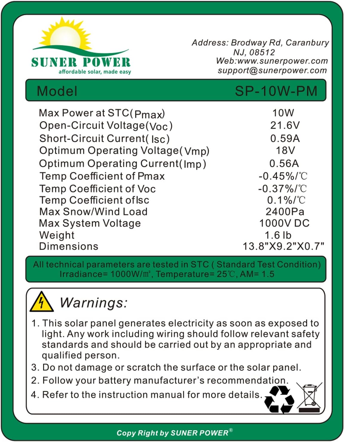 SUNER POWER 10 Watt Solar Panel Powered Charger Kit + Tubular Mount Bracket for Automatic Gate Opener, Electrical Fence, etc
