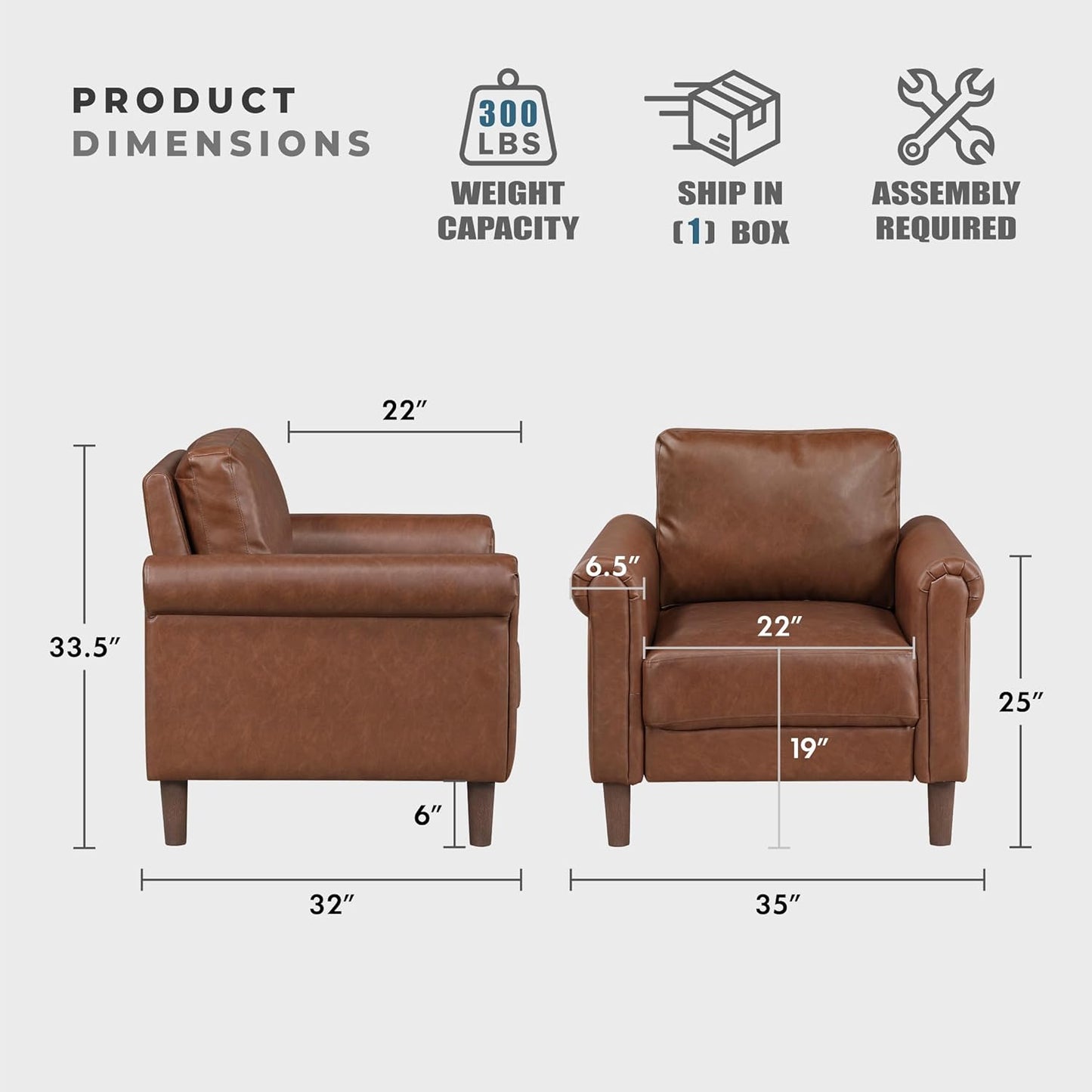 Lexicon 35" W Living Room Accent Chair, Faux Leather Upholstered Armchair with Rolled Arm for Bedroom/Office/Waiting Room, Single Sofa Chair, Chocolate
