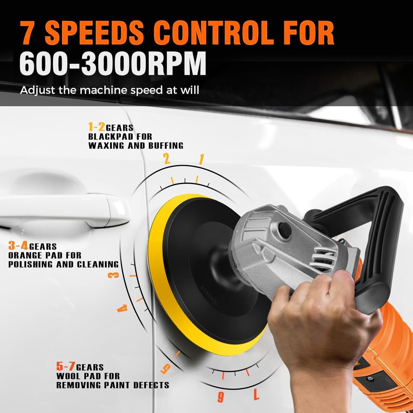 Alloyman Buffer Polisher, 1200W 7 Inch/6 Inch Car Polisher Set, 7 Variable Speed 600-3000 RPM, Car Polishers and Buffers with Detachable Handle for Car, Boat Sanding, Polishing, Waxing