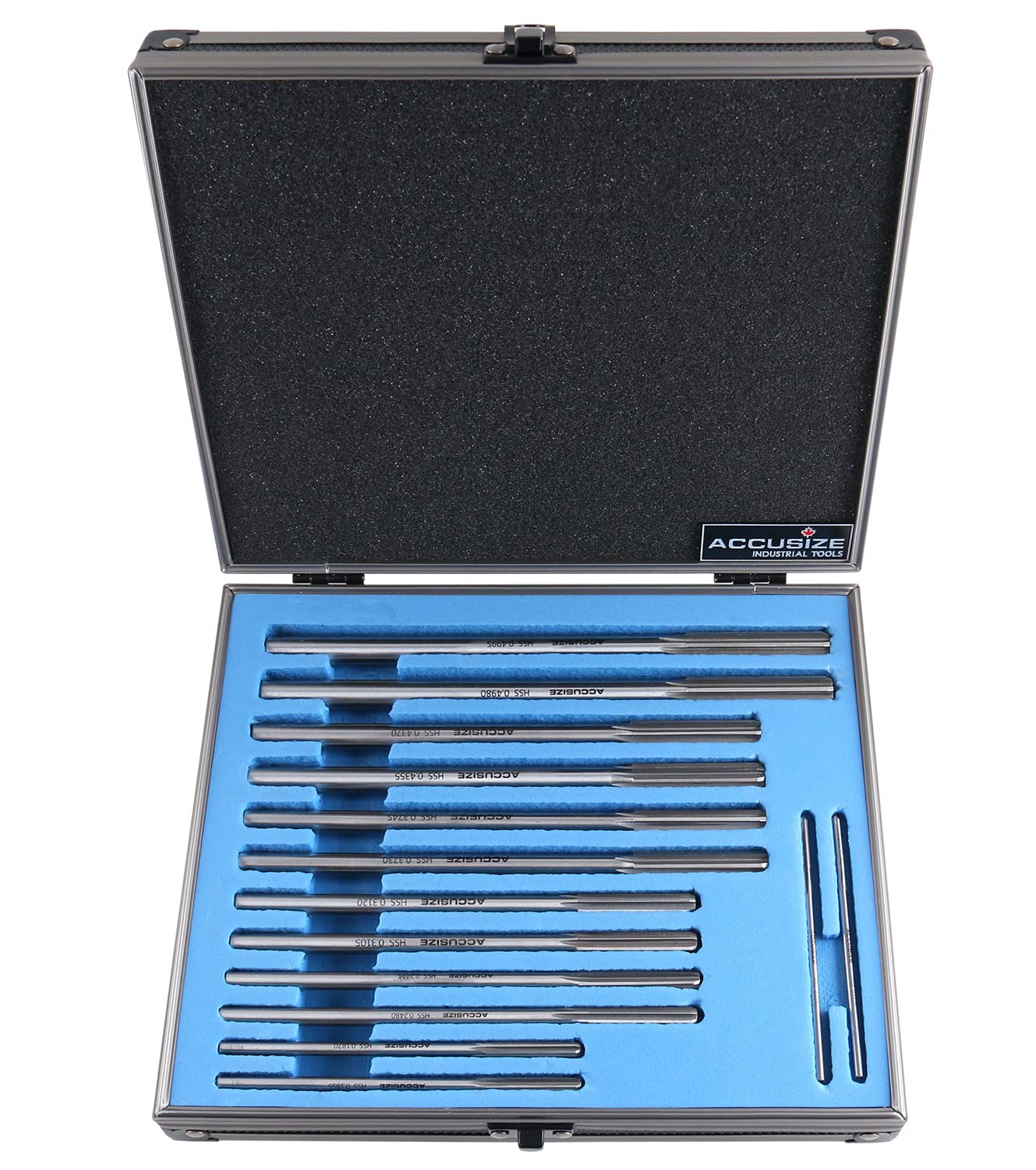 Accusize Industrial Tools 29 Pc Set 1/16 to 1/2 inch by 1/64 in HSS M2 Premium Chucking Reamers, Straight Flute, Aluminum Case, 5528-SF00
