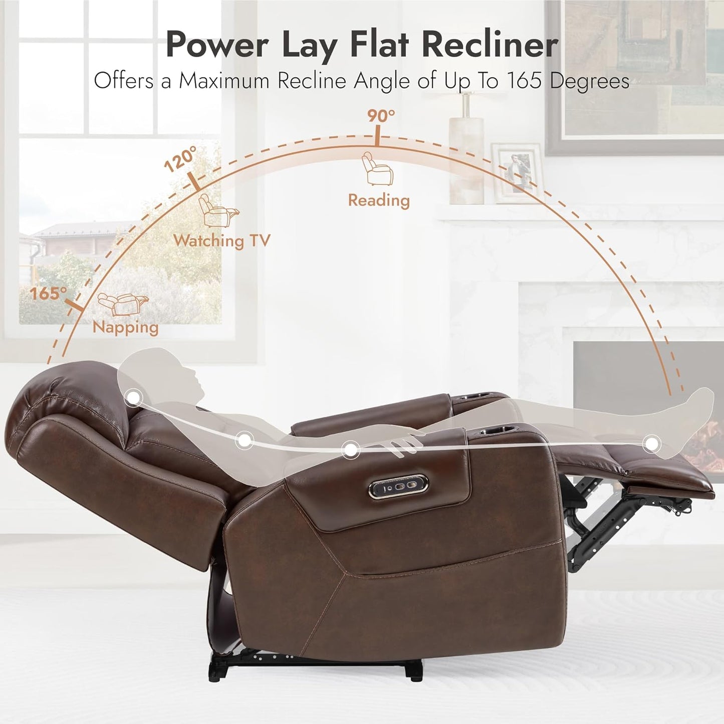 Watson & Whitely Genuine Leather Power Recliner Chairs for Adults, Lay Flat Recliner with Power Headrest, USB Ports and Cup Holders, Electric Reclining Sofa for Living Room, Bedroom, Dark Brown