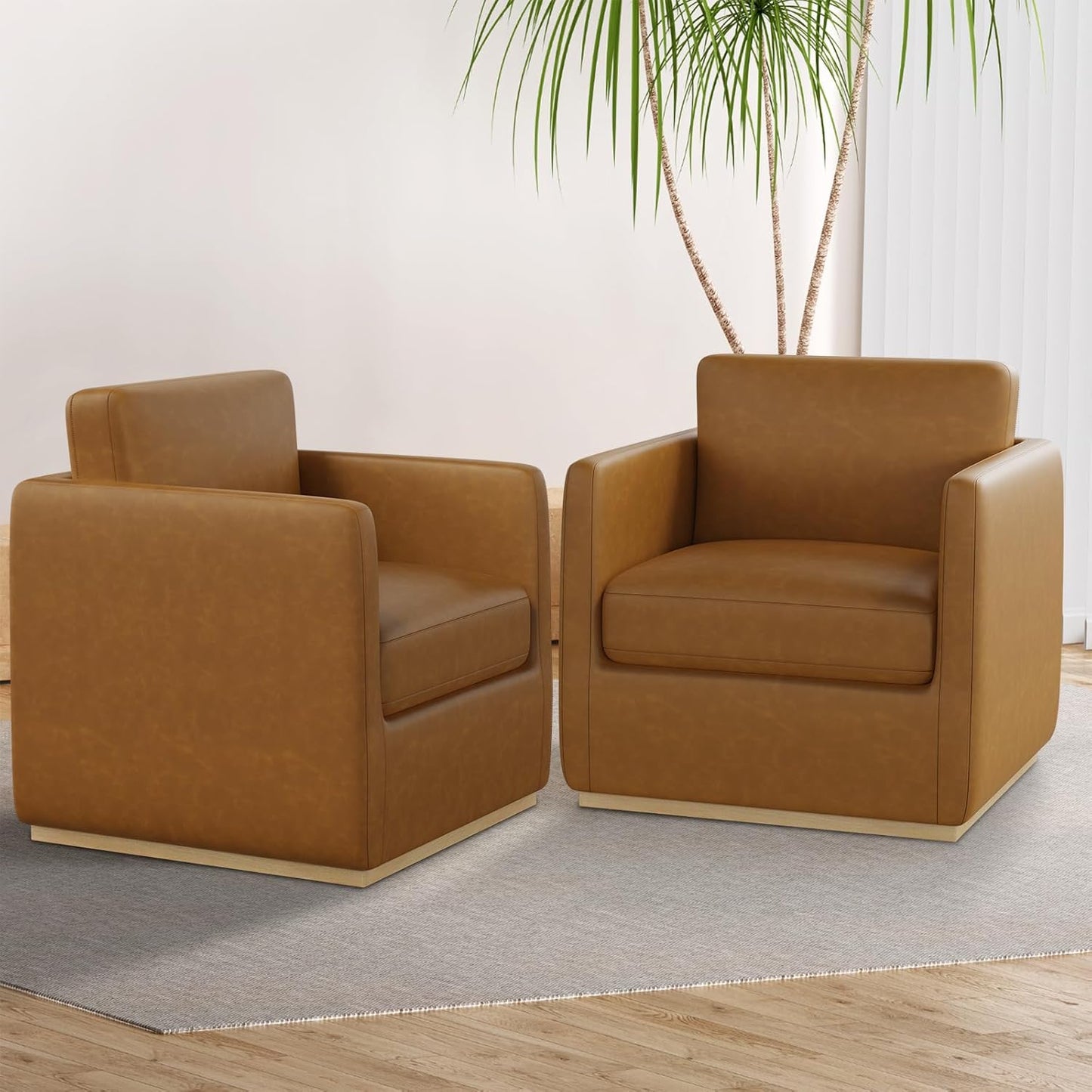 Swivel Accent Chair, Premium Barrel Chair for Living Room, Comfy Single Sofa Chair, Round Swivel Couch Chair, Small Reading Chair for Adults, Accent Bucket Chairs for Bedroom/Club, Leather Brown