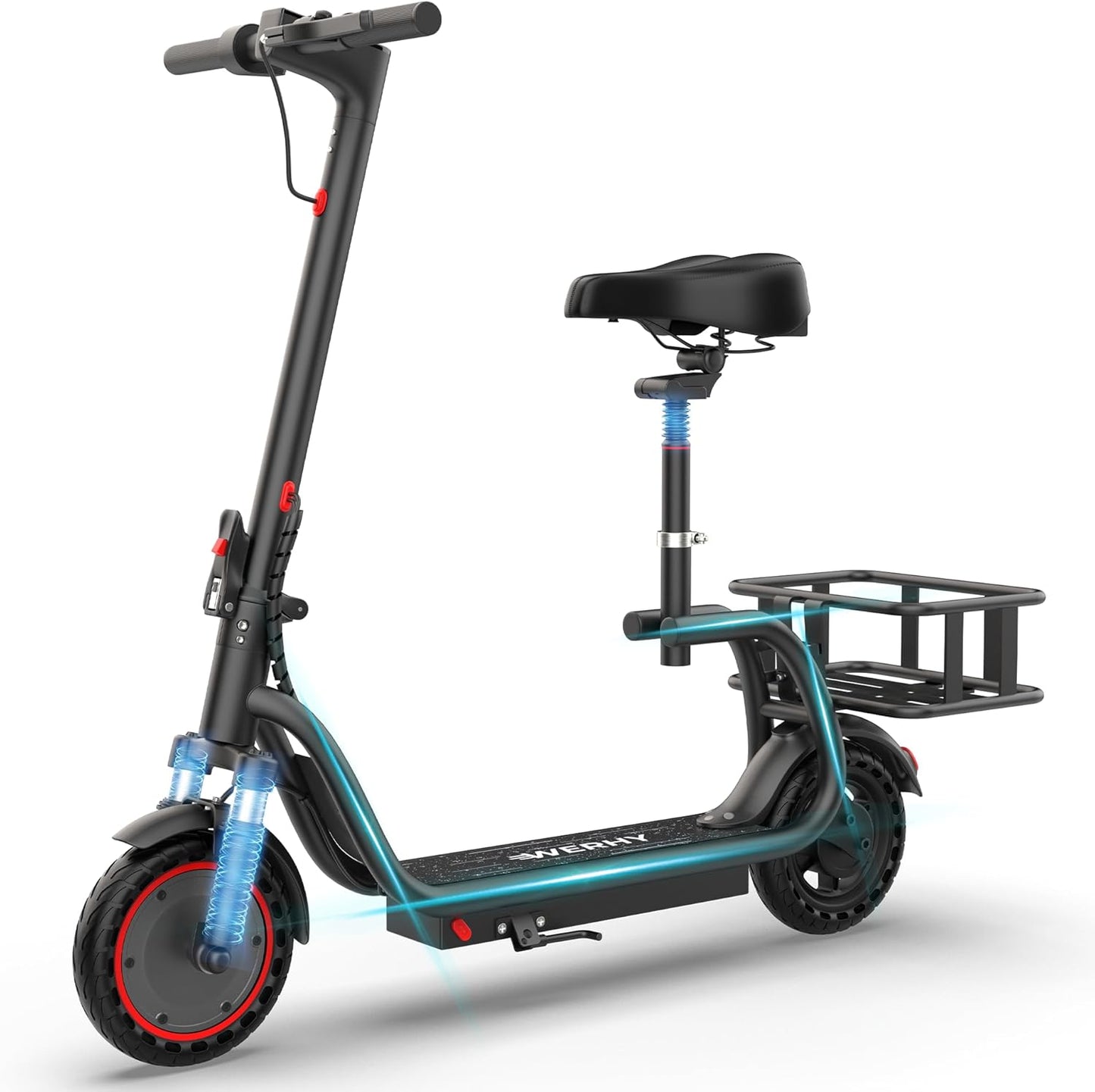 WERHY Electric Scooter with Seat & Basket, 350W Motor, 8.5'' Solid Tires, Top Speed 19mph, Max 16/27 Miles Ranges, Foldable E-Scooter with Suspension, Digital Display