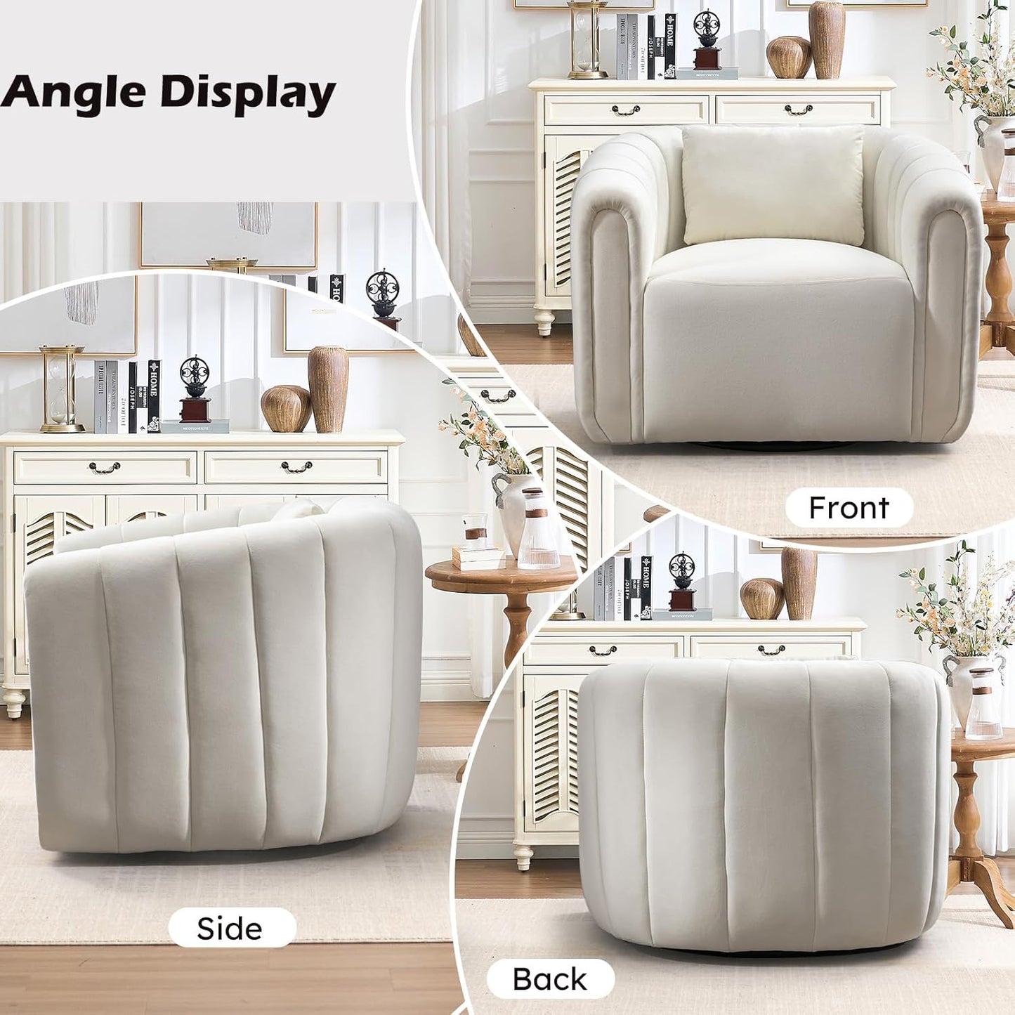Bonzy Home Swivel Barrel Chair, Modern Velvet Swivel Accent Chair with Channel Tufting, Soft Upholstered Armchair for Living Room Bedroom Office (White, 2 Pack)