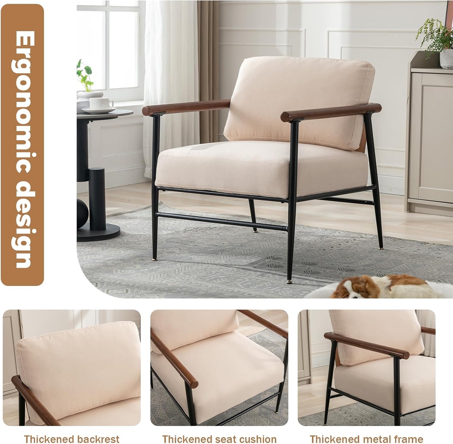 Accent Chairs Set of 2 Mid Century Modern Chair Linen Fabric Living Room Lounge Chair with with Overstuffed Back Pillow and Cushion Reading Side Chair Easy Assembly for Living Room, Bedroom, Belcony