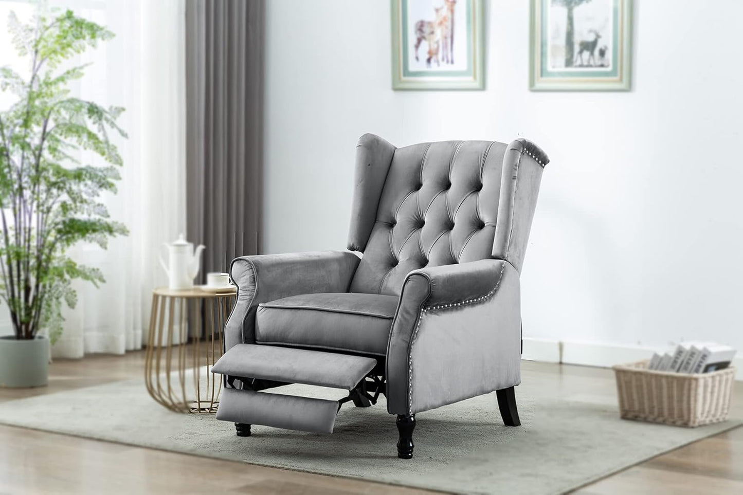 Artechworks Velvet Tufted Push Back Arm Accent Chair Recliner Single Reclining for Adjustable Club Chair Home Padded Seating Living Room Lounge Modern Sofa,Grey