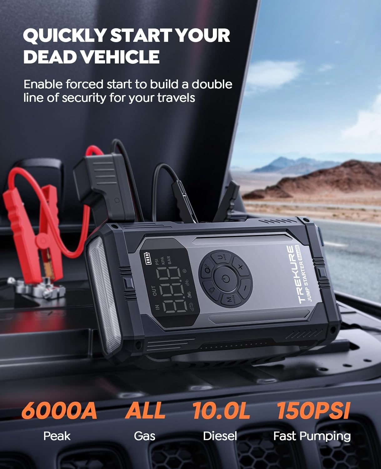 8-in-1 Jump Starter with Air Compressor 6000A 150PSI Portable Car Battery Jump Starter (All Gas/10L Diesel), 12V Jump Box Car Battery Jumper Starter Portable with Jumper Cables, Lights