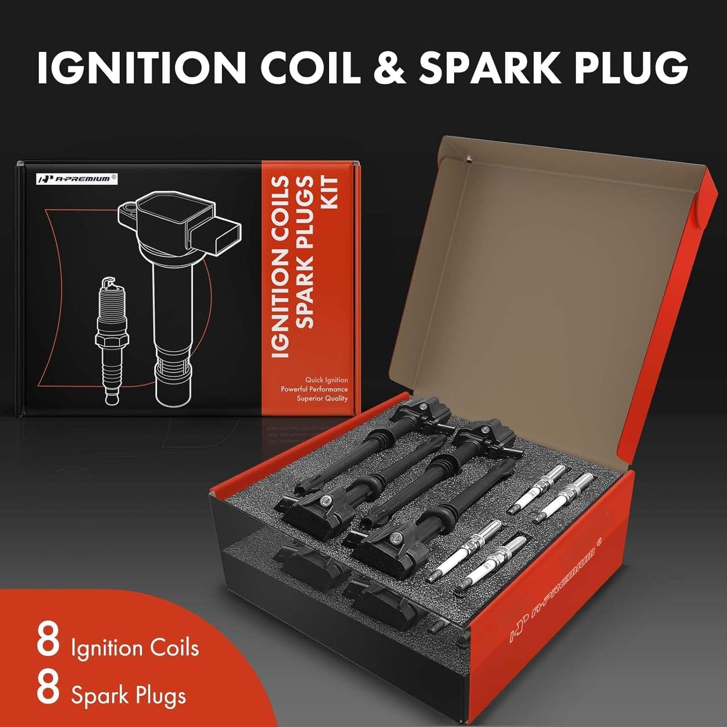 A-Premium Set of 8 Ignition Coil Pack and Iridium Spark Plugs Compatible with Land Rover Range Rover 2010-2012, LR4 2010-2013, Range Rover Sport 2010-2013 & Jaguar XF, XJ, XK, XFR, XKR, XKR-S