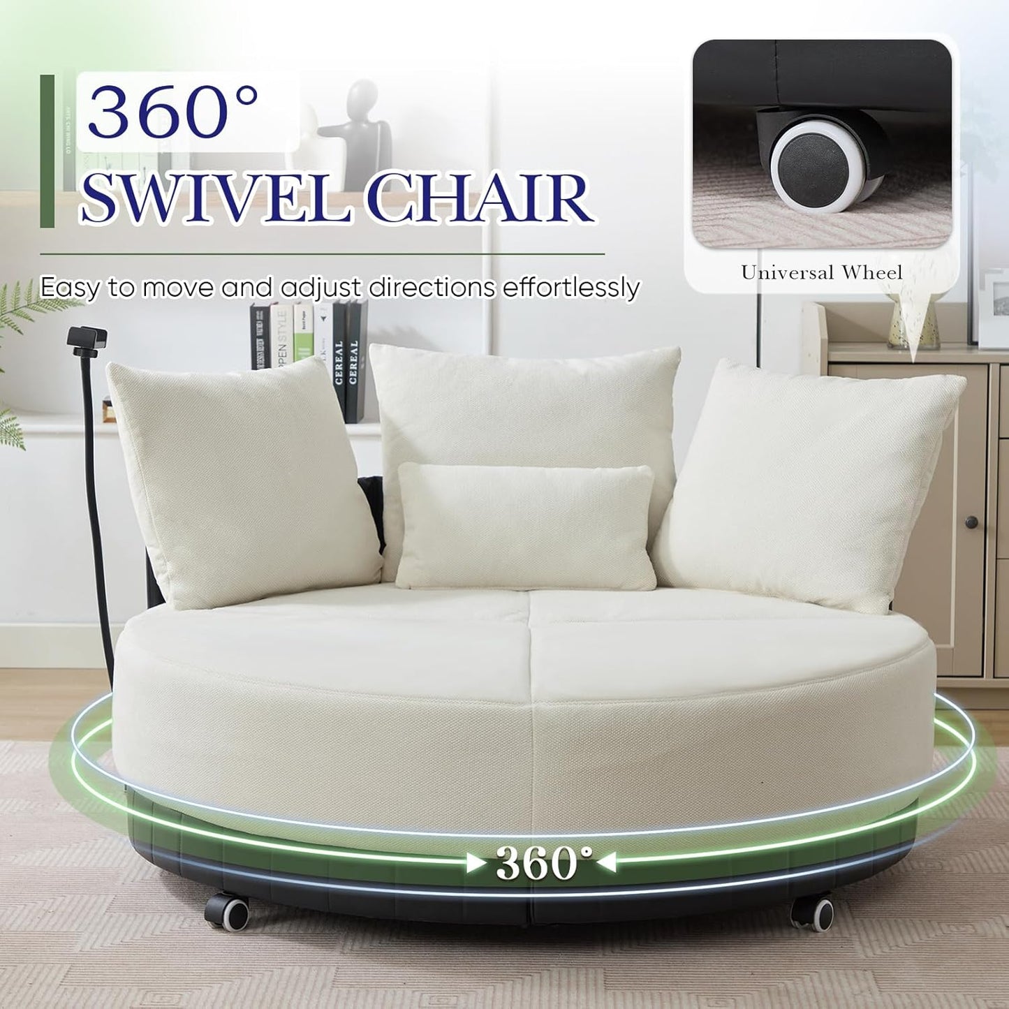 SLEERWAY Oversized Round Swivel Accent Chair, Large Circle Barrel Chair and A Half, Comfy Upholstered Lazy Sofa Couch with Phone Stand/Wheels, Chaise Lounge Daybed for Living Room, Bedroom, Beige
