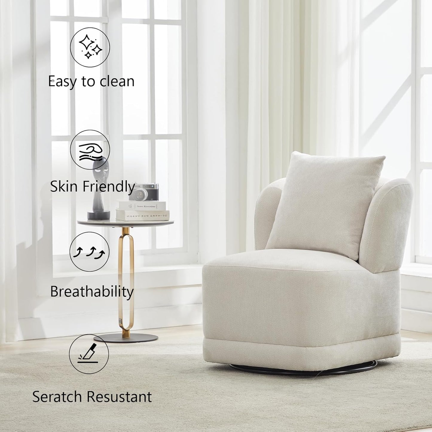 Swivel Accent Chair for Living Room,360° Rotating Barrel Chair with Square Back Pillow,Boucle Swivel Chair,Modern Linen Fabric Recliner for Adults,Cream White