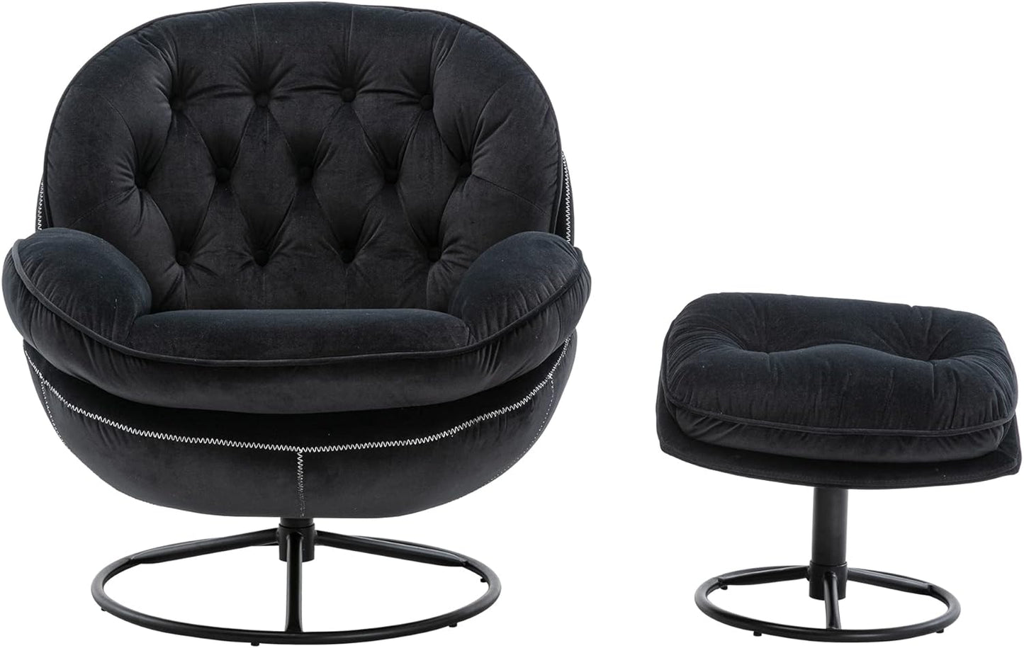 TRIPLE TREE Modern Swivel Accent Chair, Mid-Century Lounge Chair and Ottoman Set, Velvet Upholstered Button Tufted Recliner Chair, Reading Chair with Footrest for Living Room Indoor Bedroom, Black