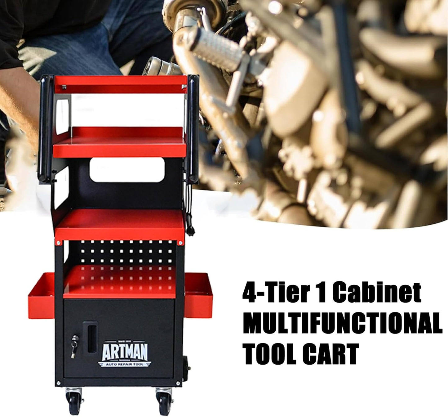 4-Tier 1-Cabinet Tool Cart on Wheels, Multifunctional Rolling Tool Chest Tool Storage with Key Lock and Handle, Rolling Tool Trolley Organizer Tool Case for Workshop, Diagnostics(Black+Red)