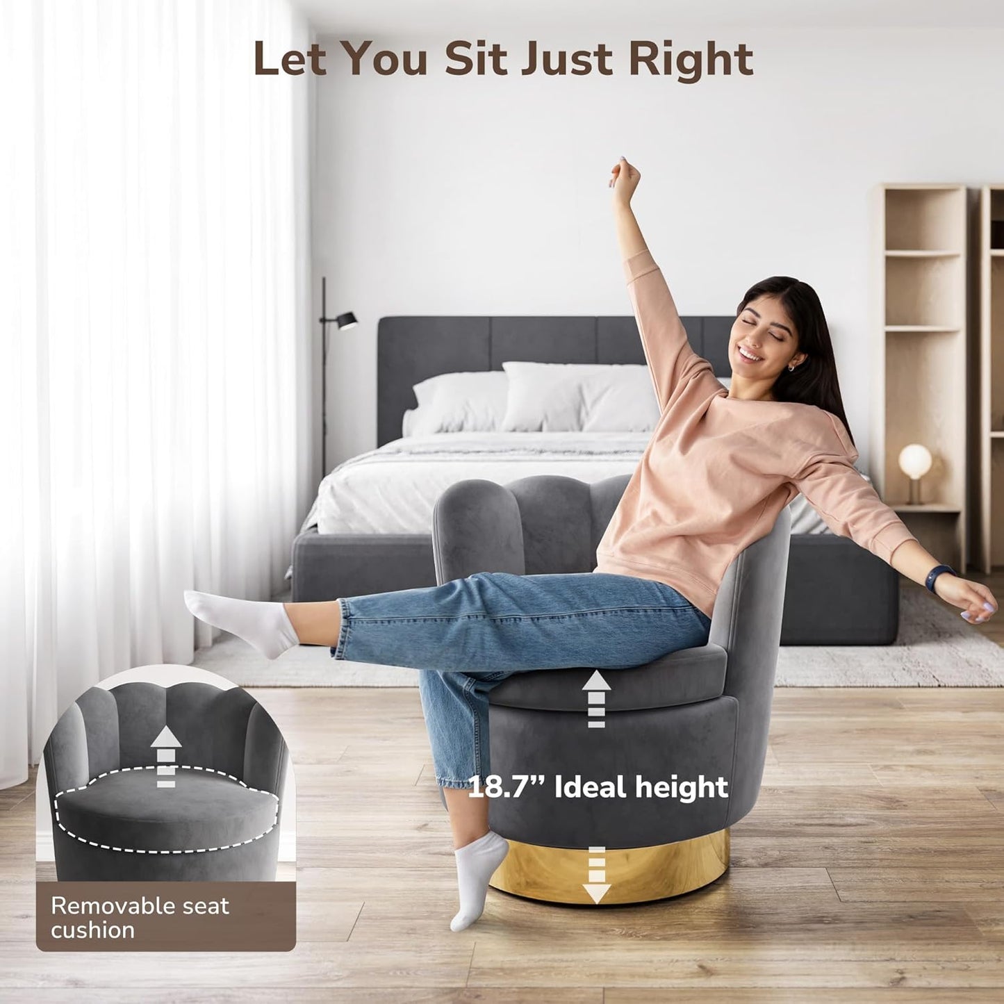 BELLEZE Swivel Accent Chair, Velvet Modern Round Petal Swivel Barrel Chair, 360° Upholstery Swivel Sofa Armchair, Comfy Swivel Accent Chair for Living Room Bedroom - Lotus (Dark Grey)