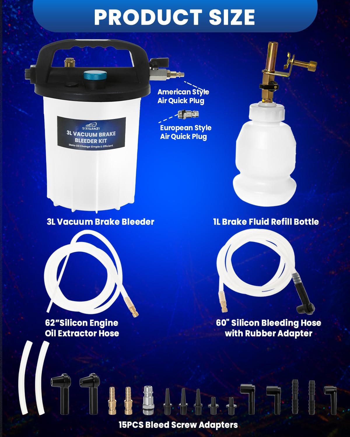 SIXIWANZI 3L Vacuum Brake Bleeder Kit, Pneumatic Fluid Extractor with 15 Adapters and 1L Refilling Bottle