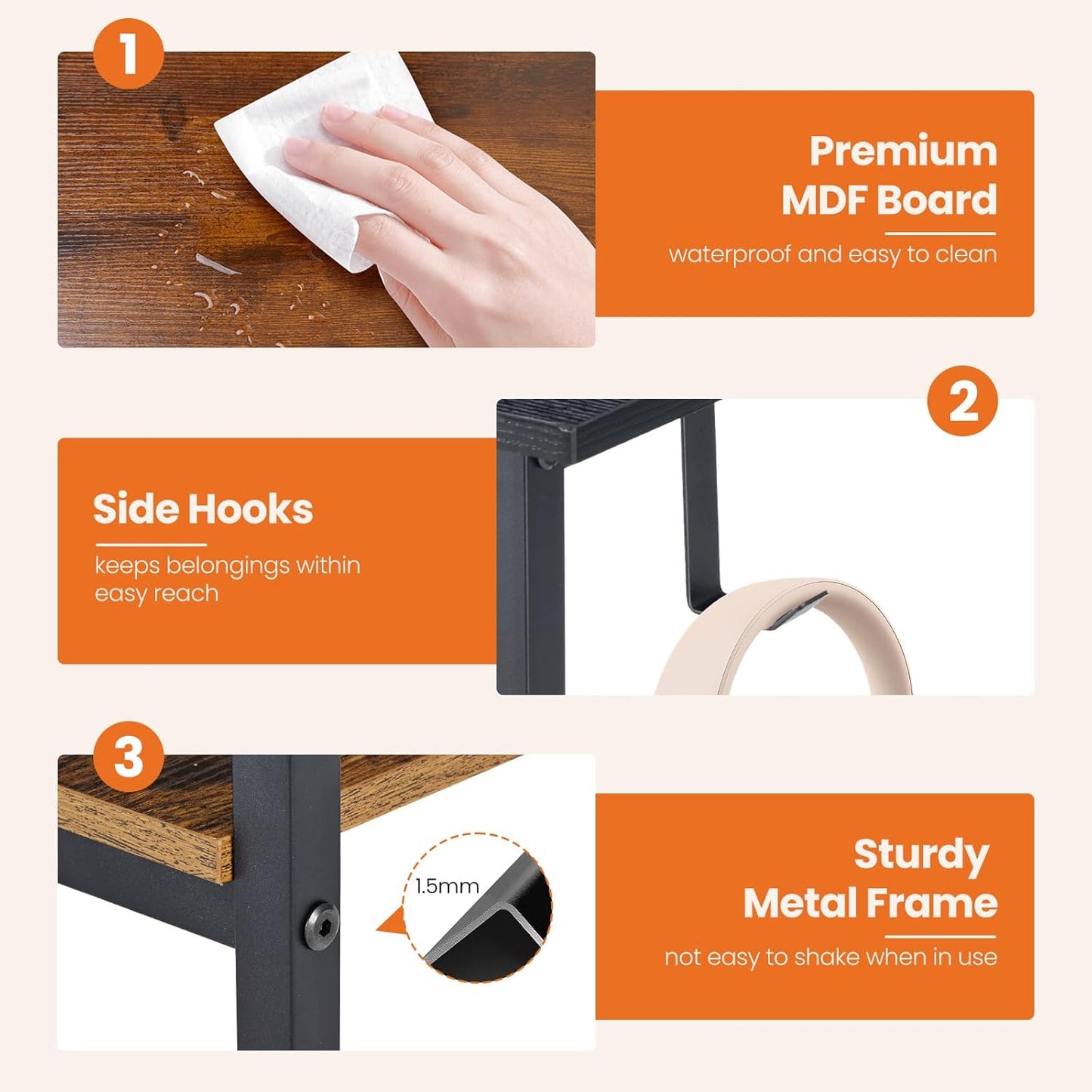 Sweetcrispy 40 Inch Computer Desk with Drawers for Home Office, Writing Desk with X-Shaped Reinforcement, Wood Table with Adjustable Position Drawers, Modern Study Work Table with Side Hook, Rust