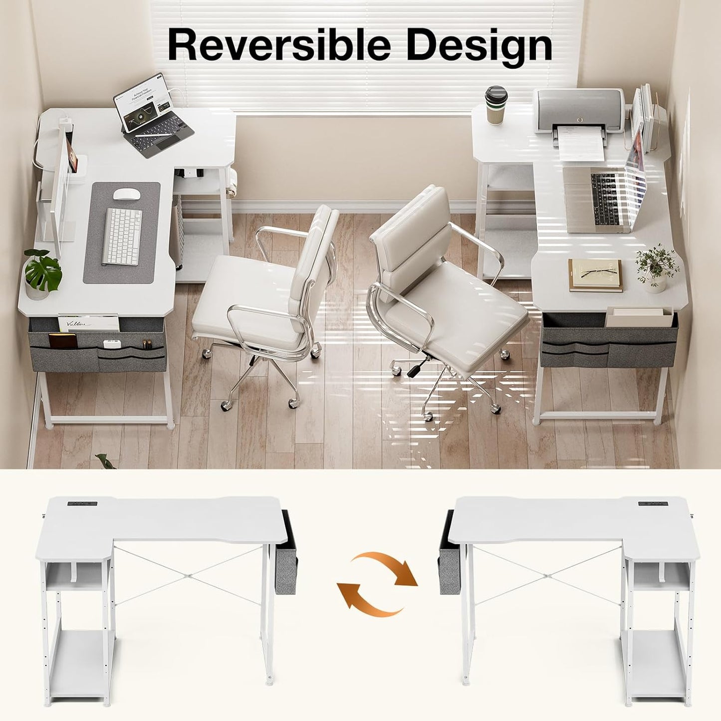 Small Gaming Desk with Power Outlets, 40 Inch L Shaped Desks with Reversible Shelves and Storage Bag,Computer Desk Corner Desk PC Desk for Gaming and Home Office Table,White