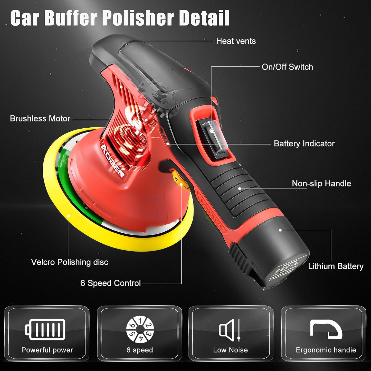 AOBEN Cordless Car Polisher,6 Inch Car buffer Waxer Kit with 3X2000mAh Batteries,6 Variable Speed &10 Polishing Pads,Brushless Cordless Polisher for Car Detailing/Waxing/Polishing/Scratch Removing
