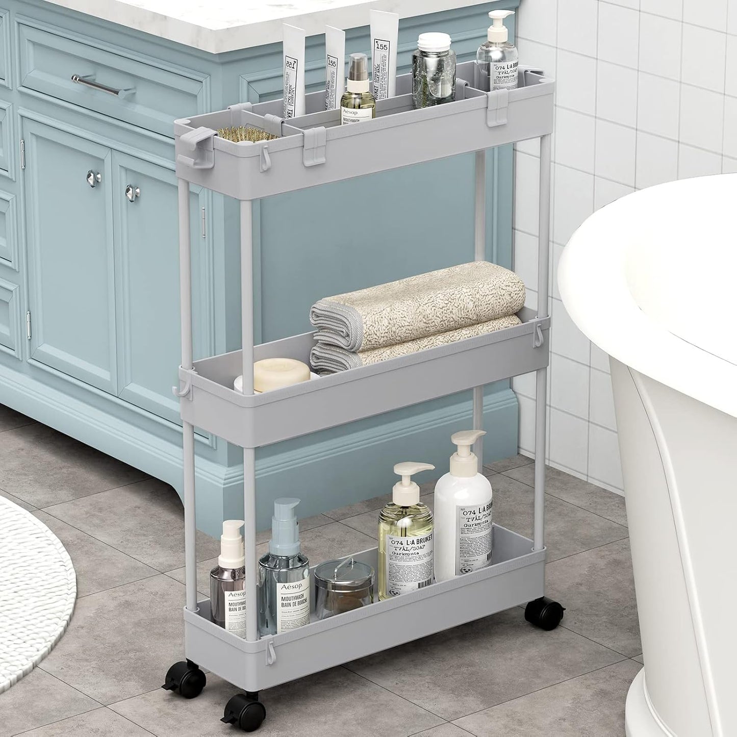 SPACELEAD Slim Storage Cart 3 Tier,Bathroom Organizer Rolling Utility,Mobile Shelving Unit Slide Out for Office, Kitchen, Laundry Room & Narrow Places,Black