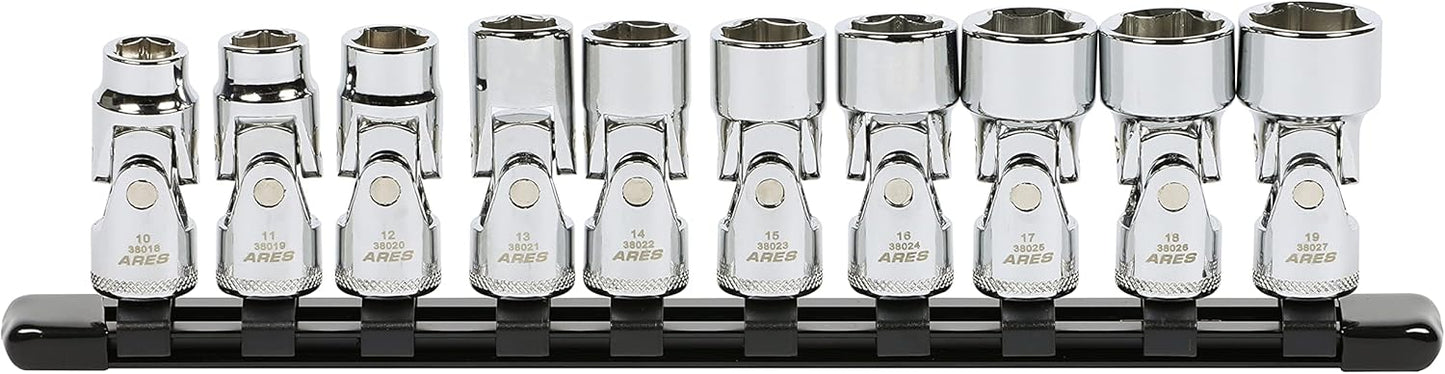 ARES 39009-12-Piece 1/4-Inch Drive Metric Flex Socket Set - 6 Point Sockets Constructed From Premium Heat Treated Chrome Vanadium Steel - Storage Rail Included