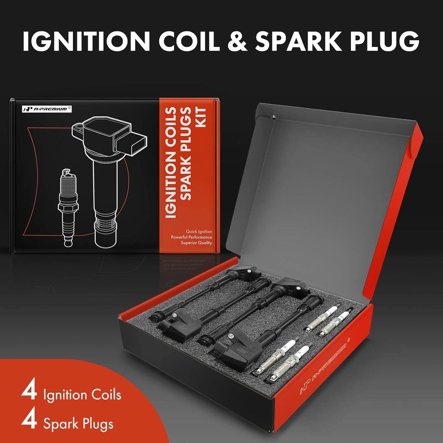 A-Premium Set of 4 Ignition Coil Pack and Iridium Spark Plugs Compatible with Ford Escape 2013-2016, Fusion 2013-2014, Fiesta 2014-2019, Transit Connect 2014-2016, 1.6L