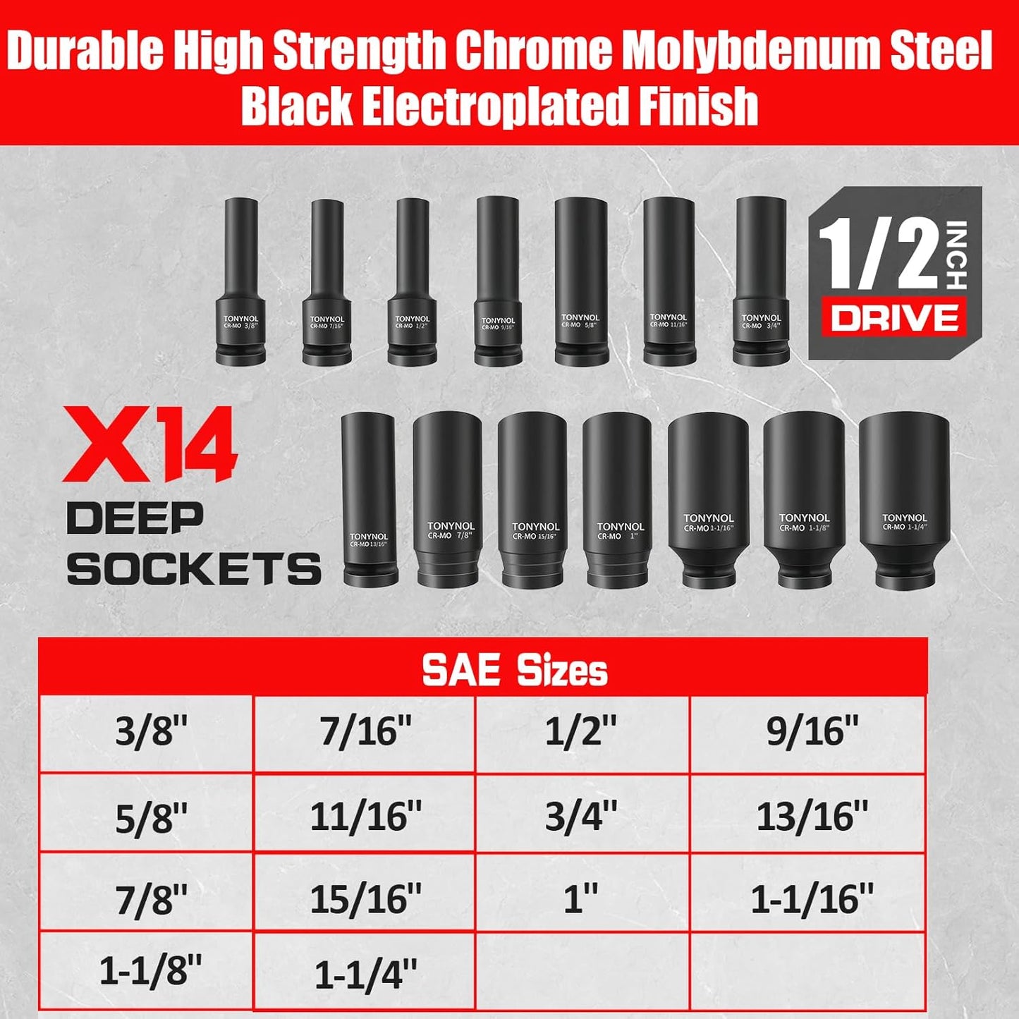 1/2 Inch Deep Drive Impact Socket Set,12-Point,SAE(3/8" to 1-1/4"),14 Pcs,Cr-Mo Steel,With a Storage Case