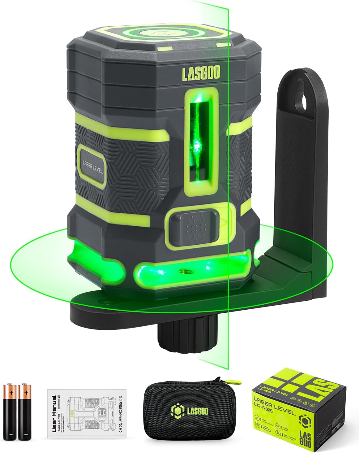 4x360° Self-Leveling Laser Level, 16 Lines Green Cross Line Laser, for Construction Projects and Home Decoration, with 2 Rechargeable Li-Ion Batteries and Magnetic Bracket, LG-4Ds