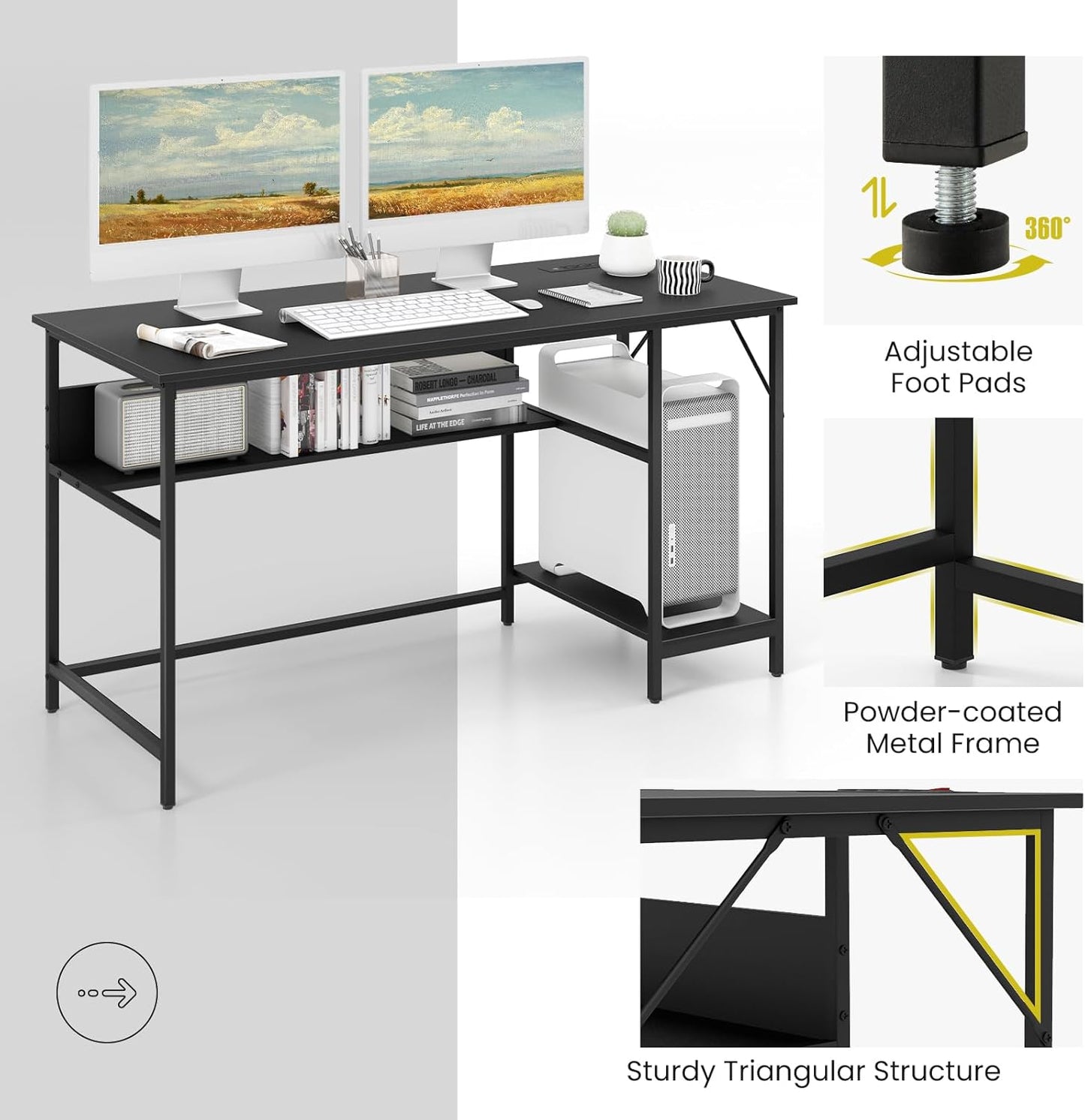 Tangkula 55 Inch Computer Desk with Power Outlets & USB Ports, Home Office Desk with Built in Charging Station with Switch, Computer Workstation Writing Study Desk with Storage Shelf & CPU Stand