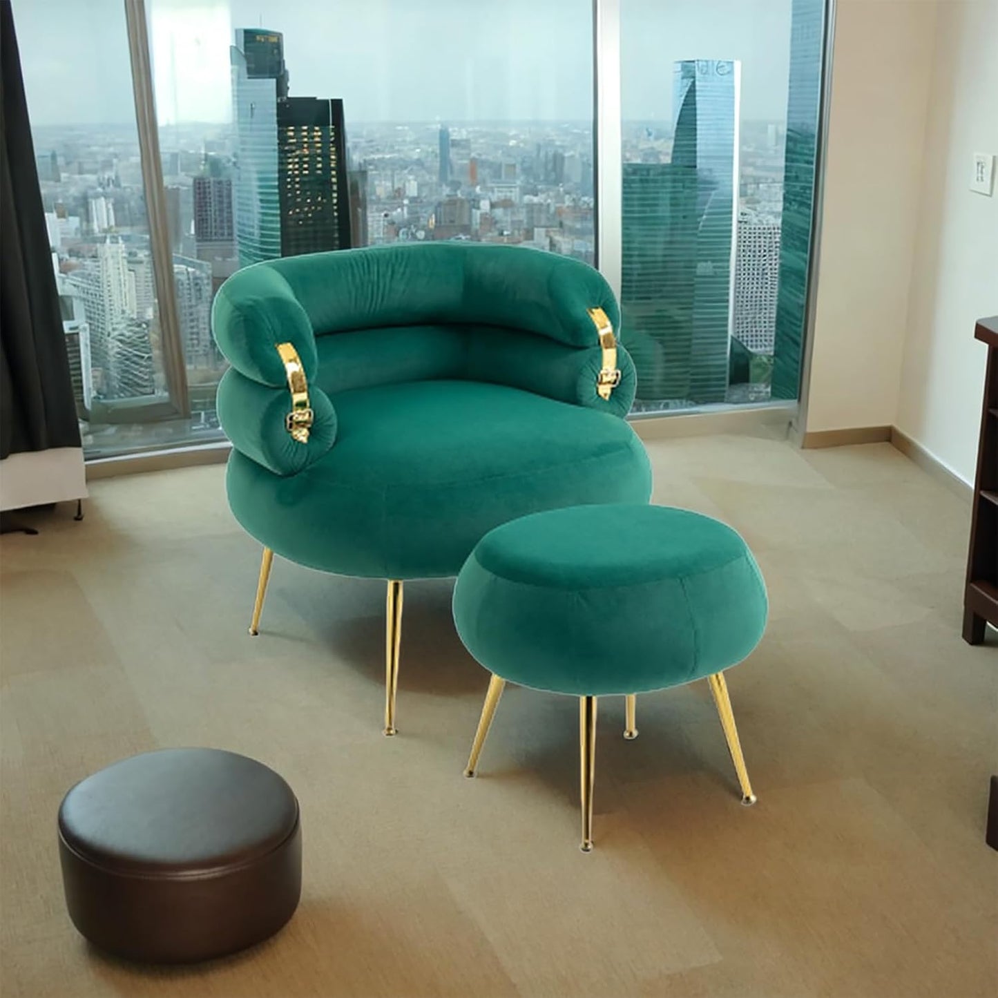 Accent Chair with Ottoman Upholstered Button Tufted Armchair for Living Room, Butacas para Sala Modernas Barrel Lounge Chair with Sturdy Metal Legs (Wine RED + Velvet)