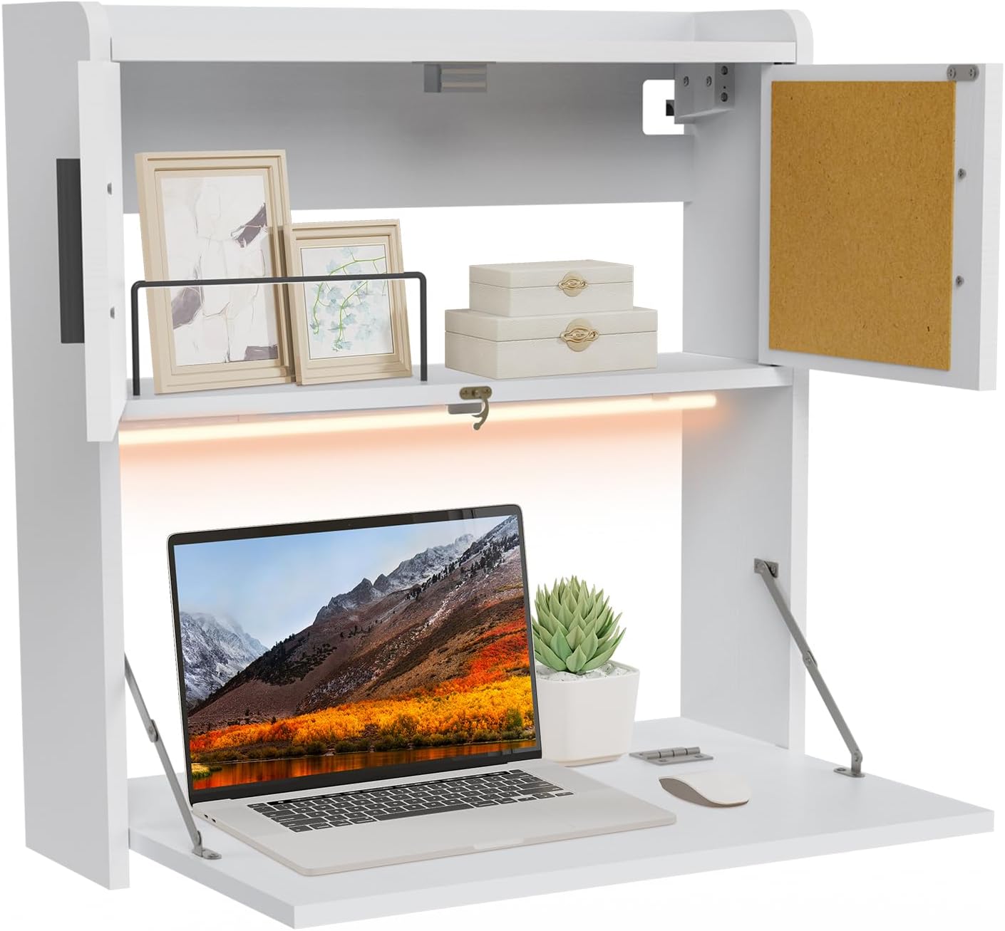 ARTETHYS Wall Mounted Desk with LED Light Multifunctional Fold Down Laptop Computer Table Writing Workstation with Storage Compartments Space Saving for Home Office Wood Color
