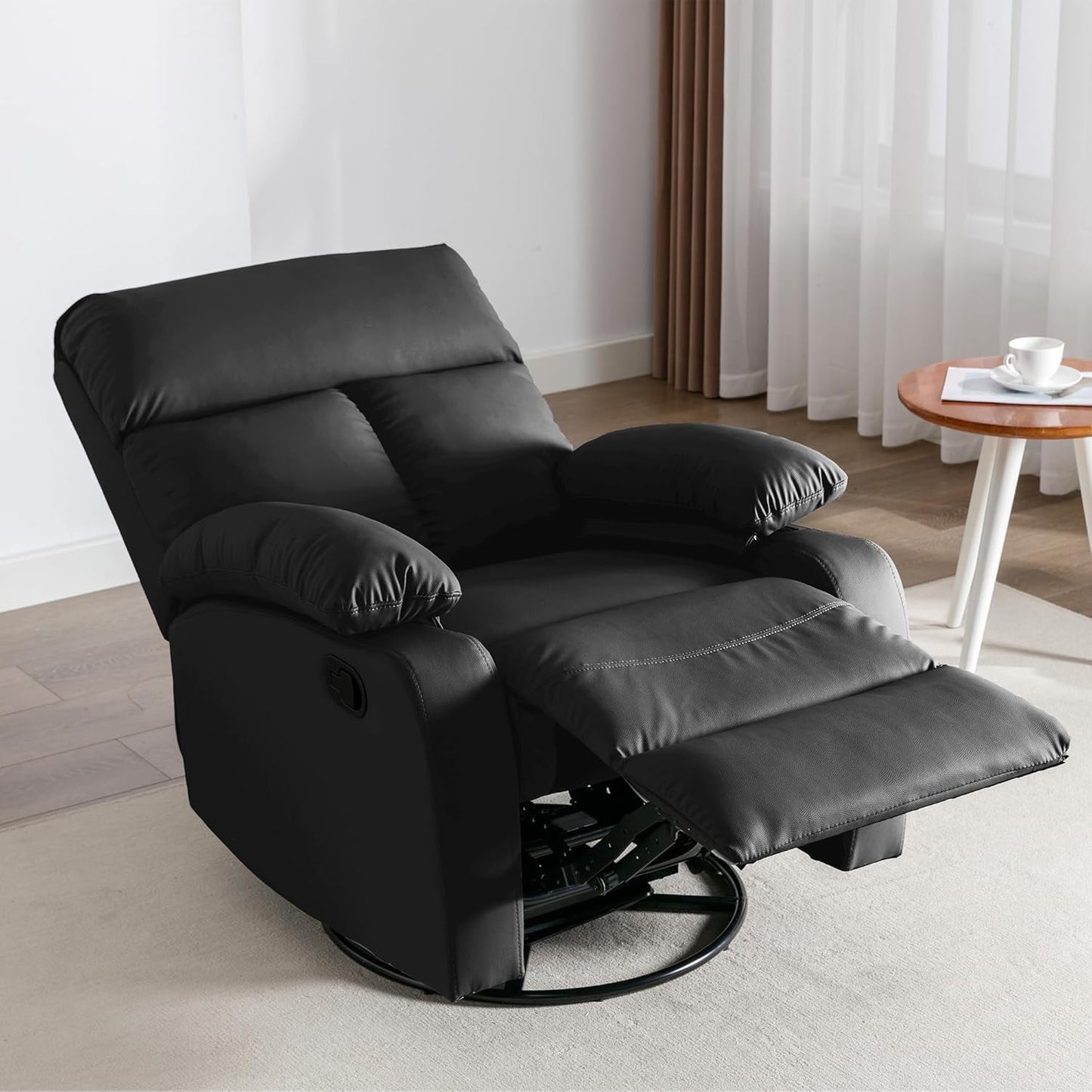 Swivel Rocker Recliner Chair, Small Manual Reclining Chair with Overstuffed Arm and Back, PU Leather Single Sofa Seat for Living Room, Bedroom, Dark Brown