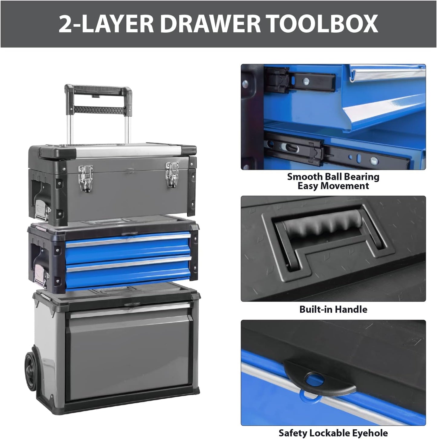 BIG RED Stackable Rolling Tool Box Portable Metal Toolbox Organizer,Separate Rolling Upright Trolley Tool Chest with Wheels and 2 Drawers for Garage/Workshop,ATRJF-C305ABDU,19.1"L x 12.2"W x 30"H,Blue