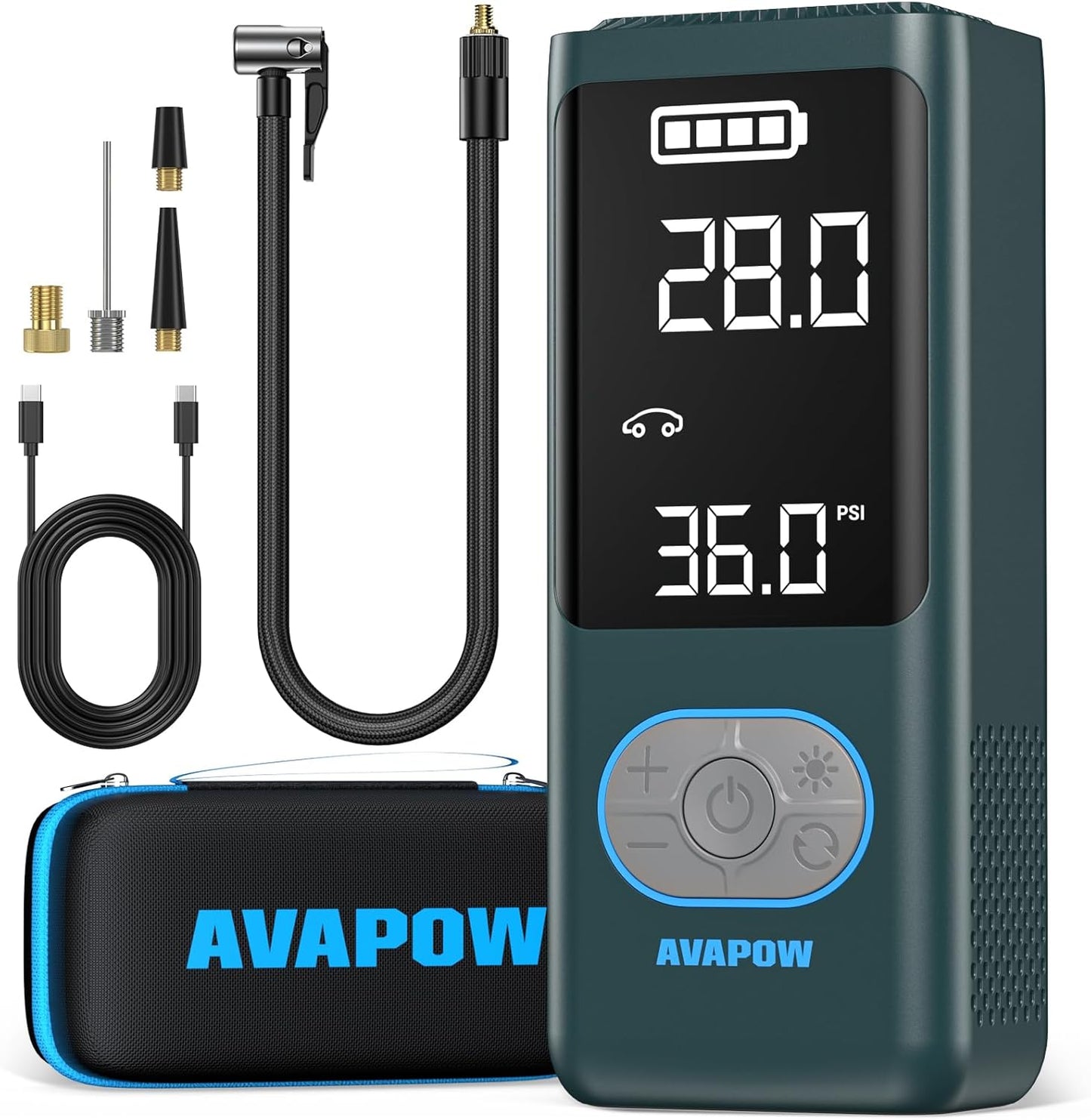 AVAPOW AP18 Tire Inflator Portable Air Compressor, 300% Faster 150 PSI Cordless Air Pump with Tire Pressure Gauge, 3.7″ Dual LCD Screen, Auto-Shuts Off Tire Pump for Car, Motorcycle, Bicycle, Purple