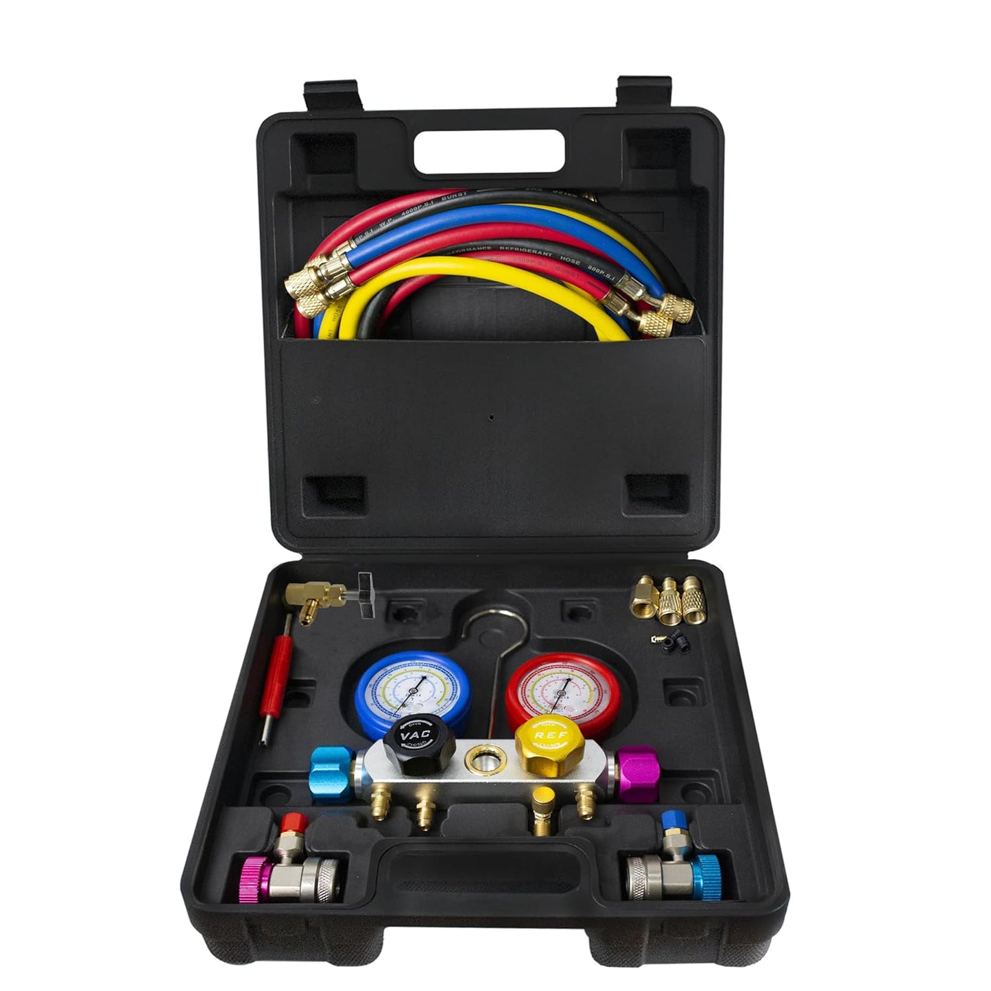 BACOENG AC R1234YF Gauge Set, Automotive 4 Way R1234yf Refrigerant Recharge Kit, R134A AC Manifold Gauge Set with 5FT Hoses for Car Charging and Evacuation